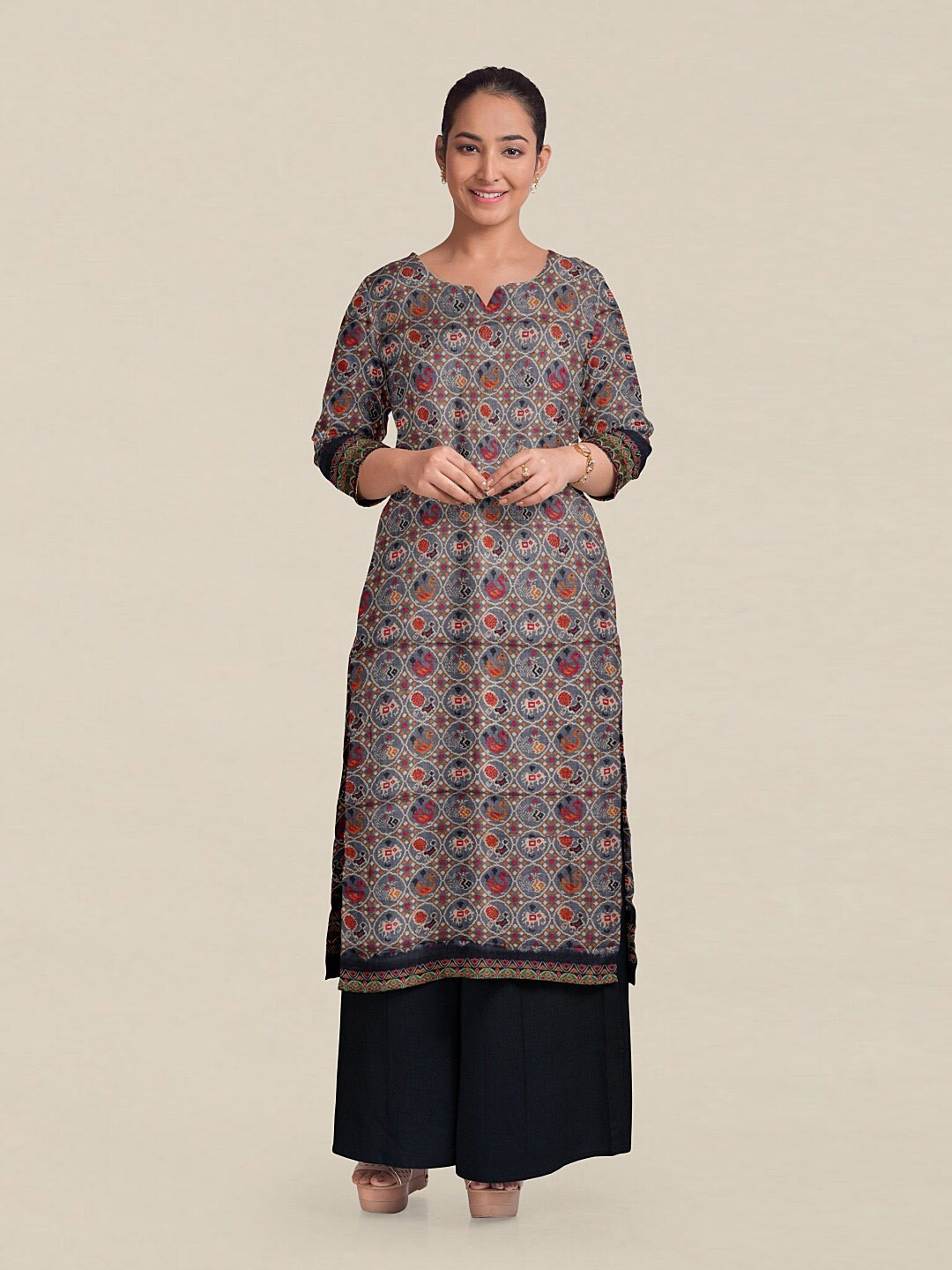 

Pothys Grey & Pink Printed Unstitched Dress Material