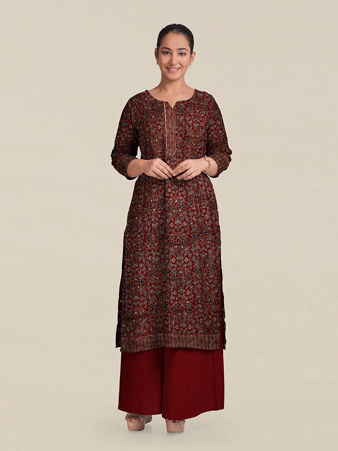 

Pothys Maroon Printed Unstitched Dress Material