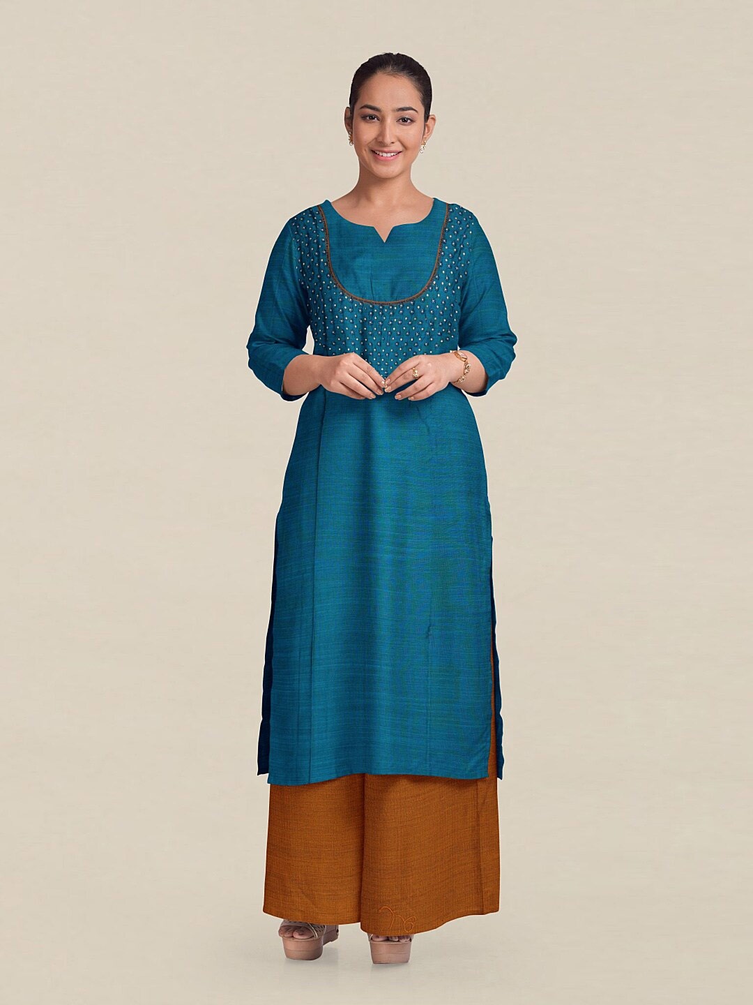 

Pothys Blue & Brown Embroidered Unstitched Dress Material