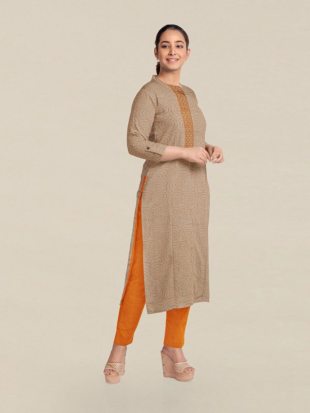 

Pothys Cream-Coloured & Mustard Printed Unstitched Dress Material