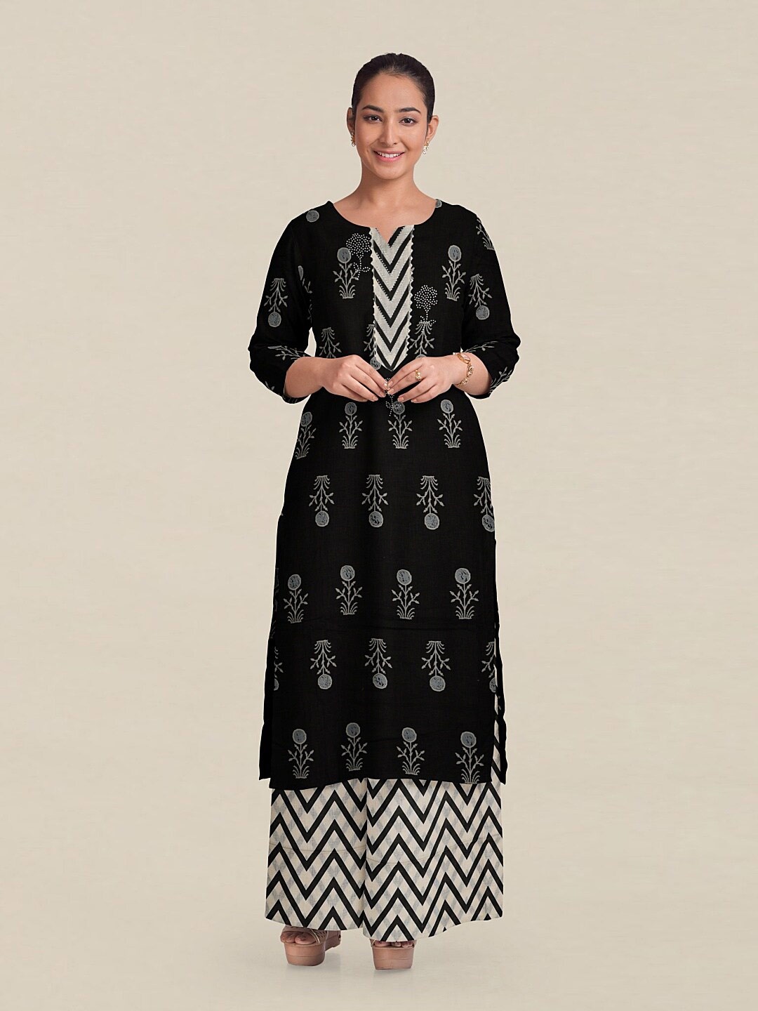 

Pothys Black & White Printed Unstitched Dress Material