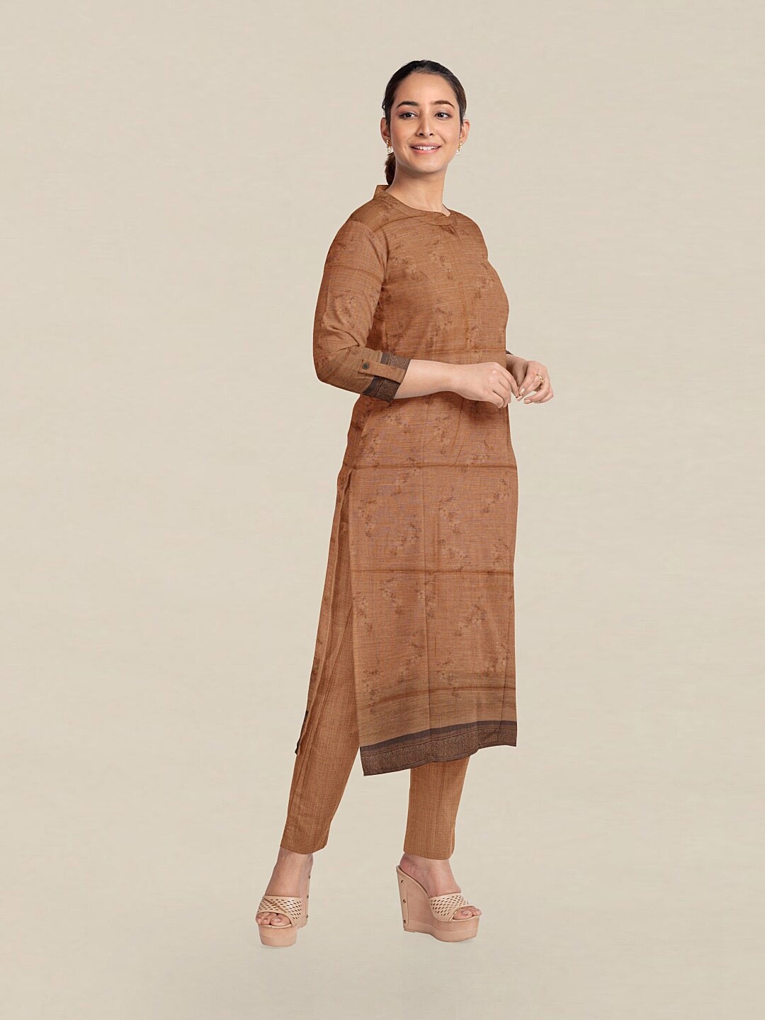 

Pothys Mustard & Brown Printed Unstitched Dress Material