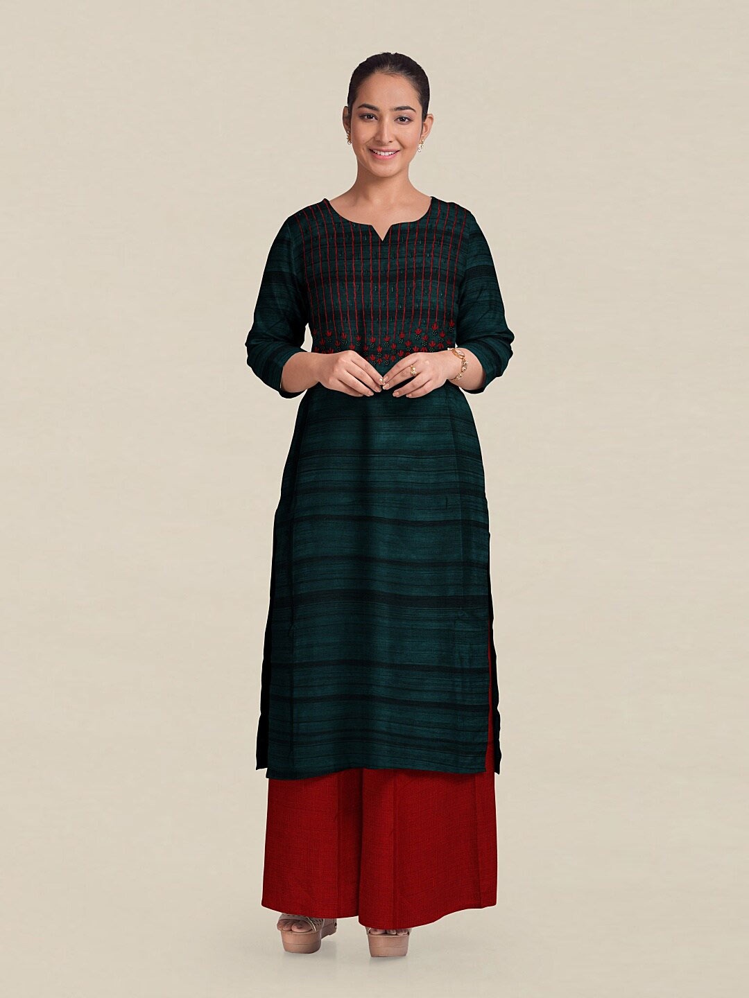 

Pothys Green & Red Embroidered Unstitched Dress Material