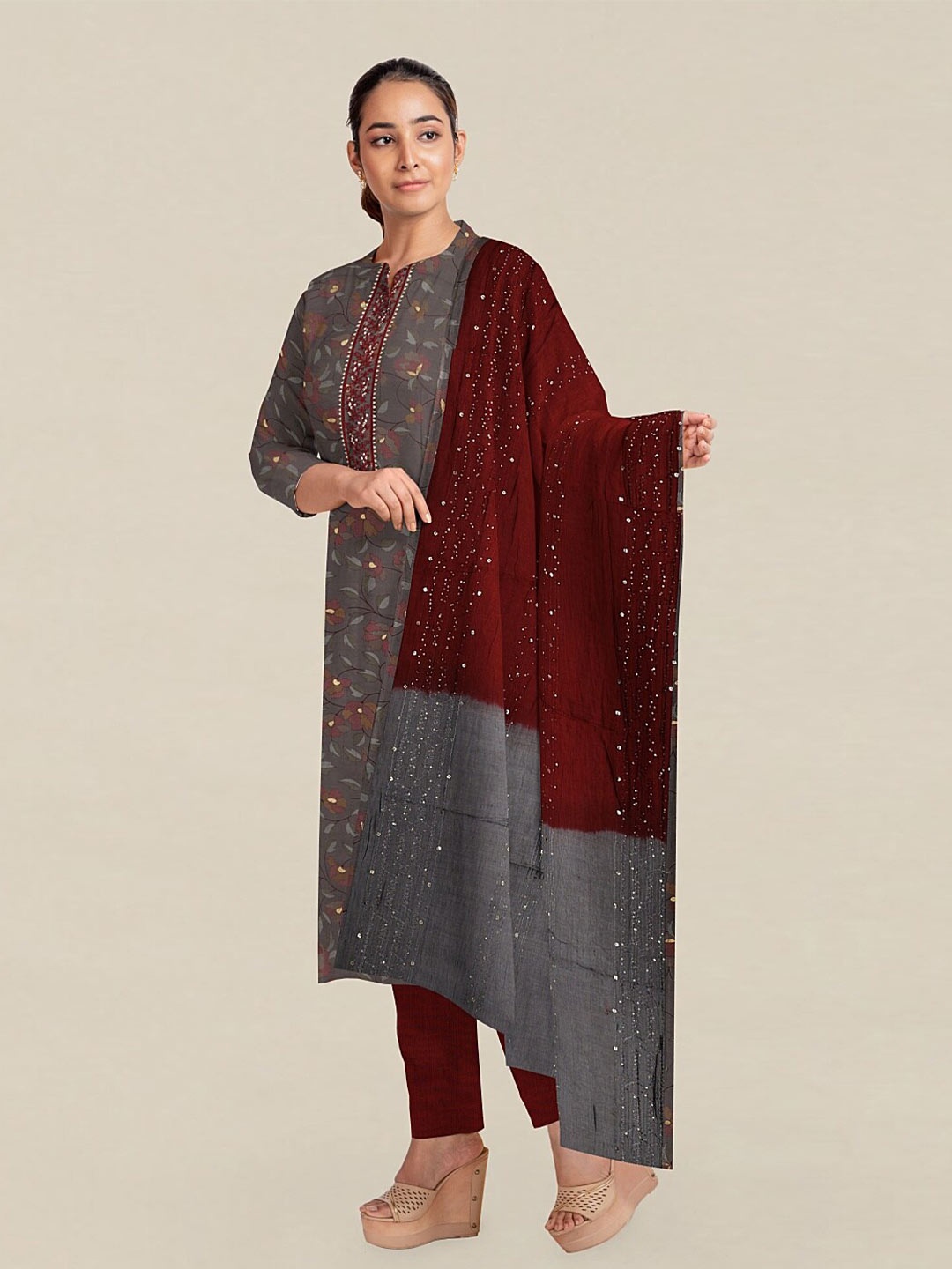 

Pothys Grey & Maroon Printed Unstitched Dress Material