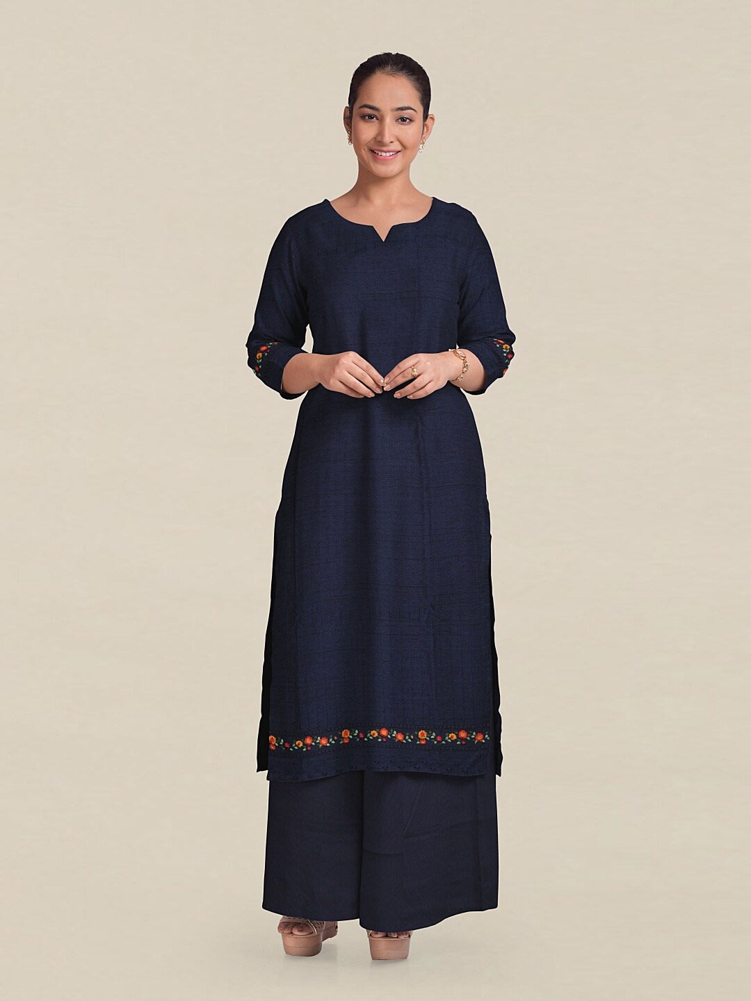 

Pothys Navy Blue & Red Printed Unstitched Dress Material