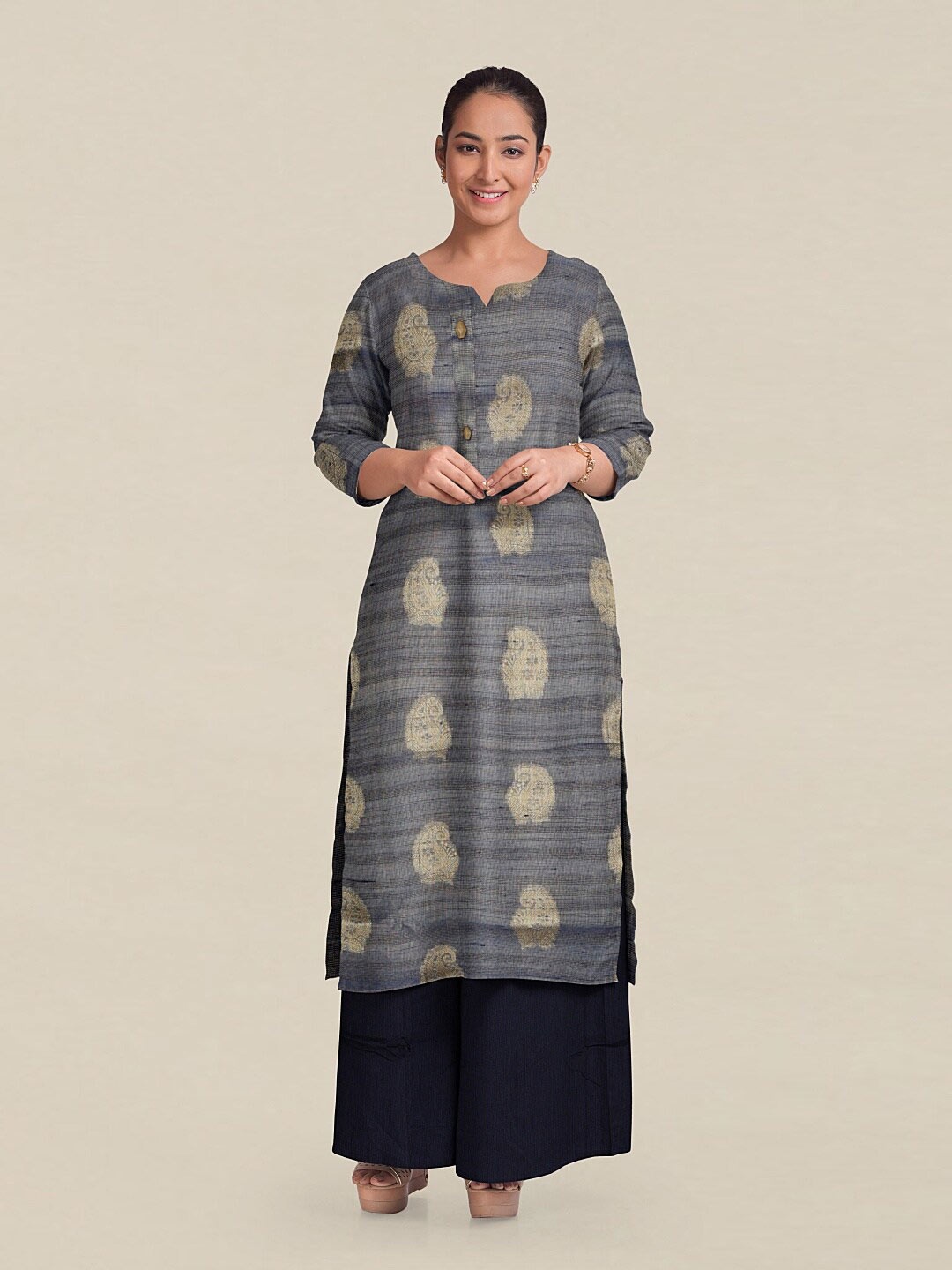 

Pothys Grey & Gold-Toned Printed Art Silk Unstitched Dress Material