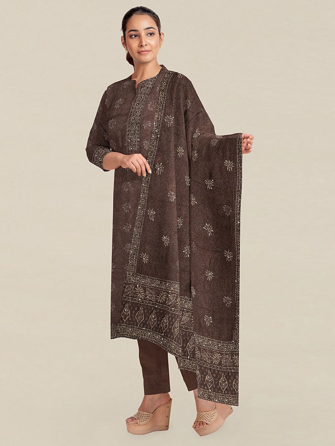 

Pothys Brown & White Unstitched Dress Material