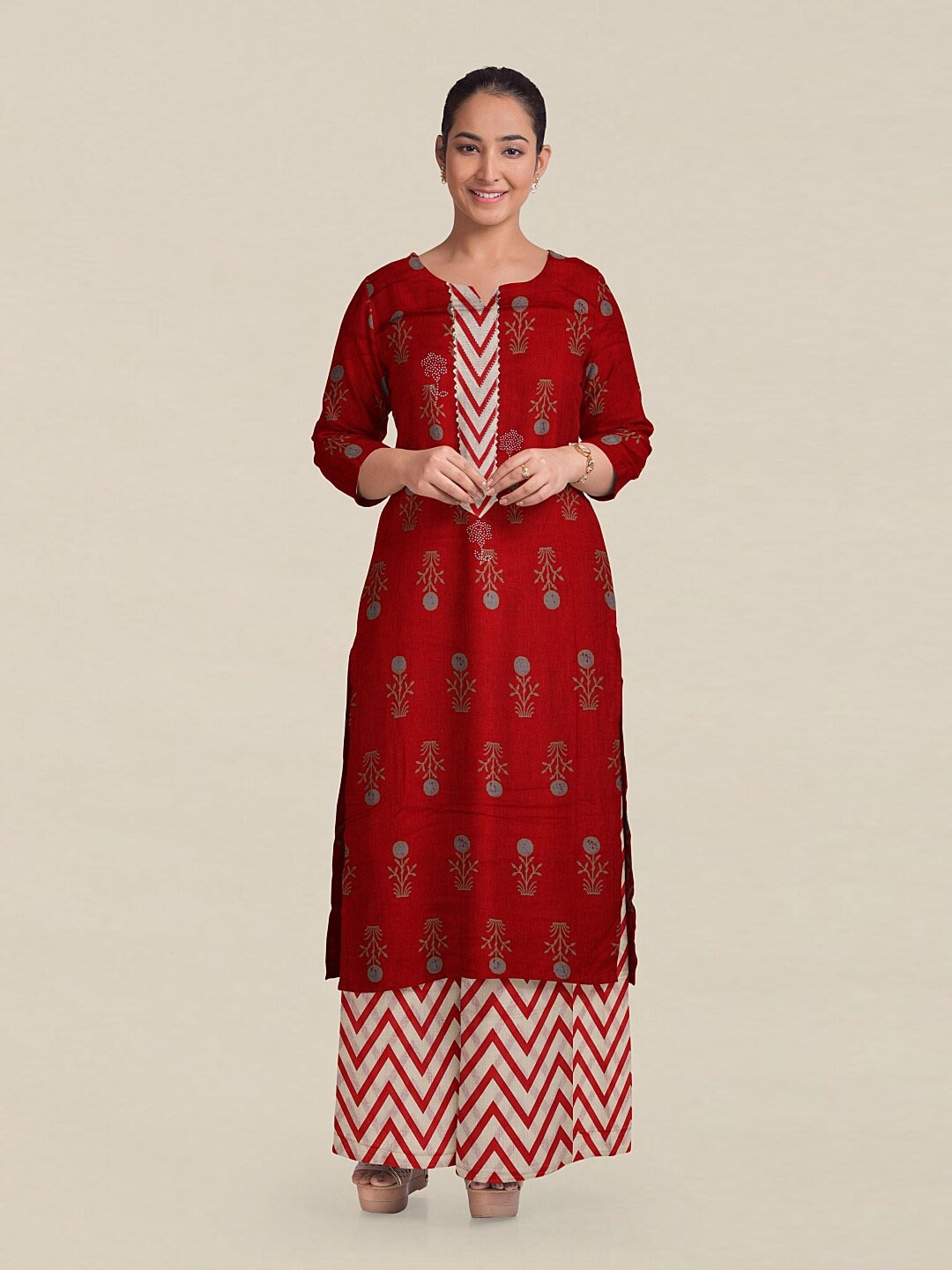 

Pothys Red & White Printed Unstitched Dress Material