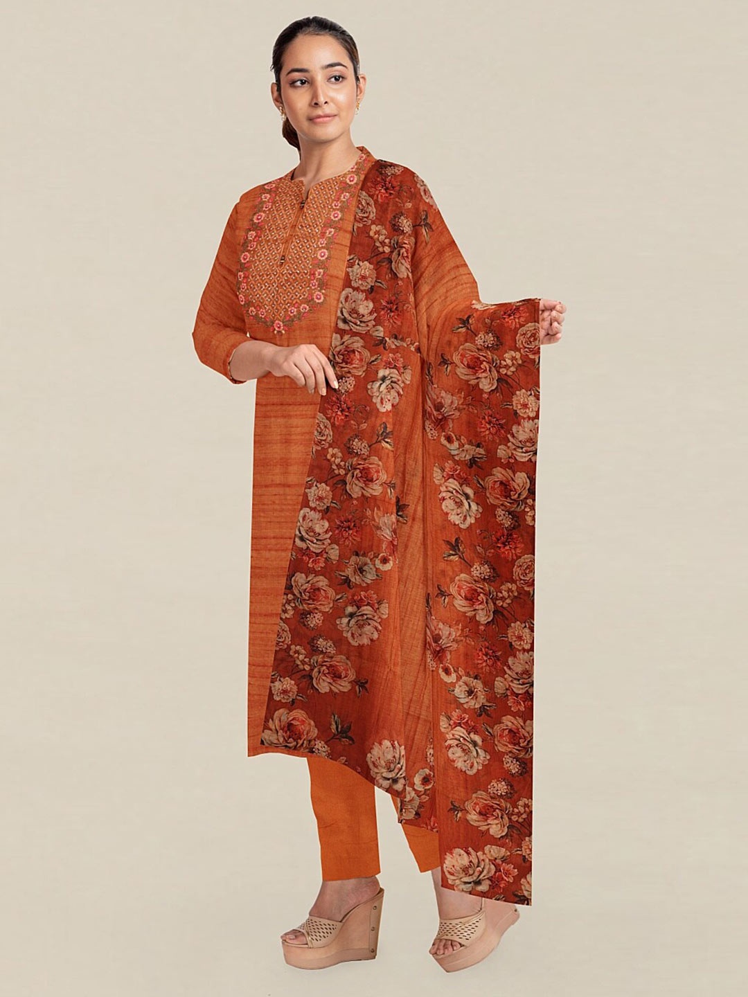 

Pothys Mustard & White Embellished Unstitched Dress Material