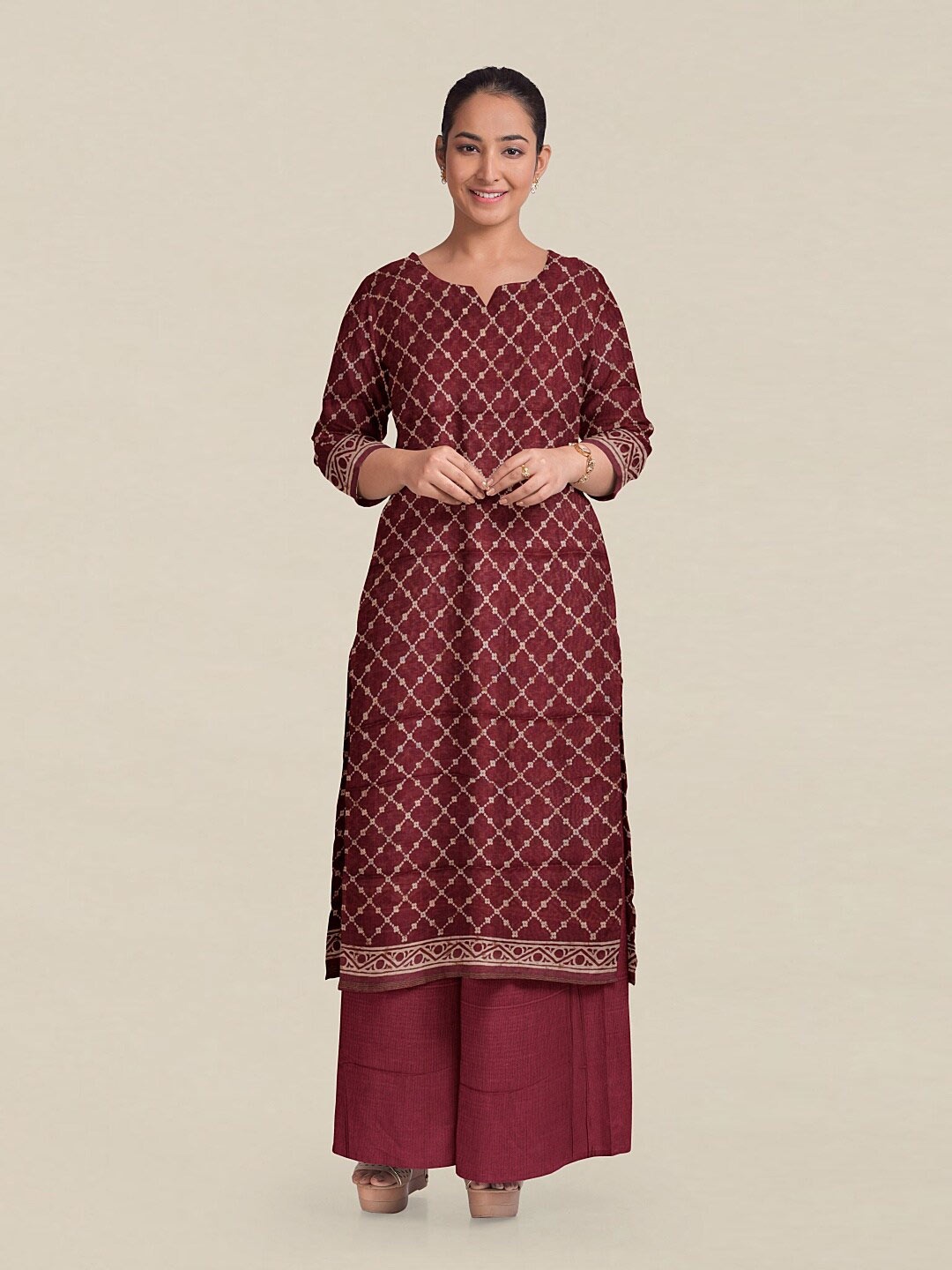 

Pothys Maroon & White Printed Unstitched Dress Material