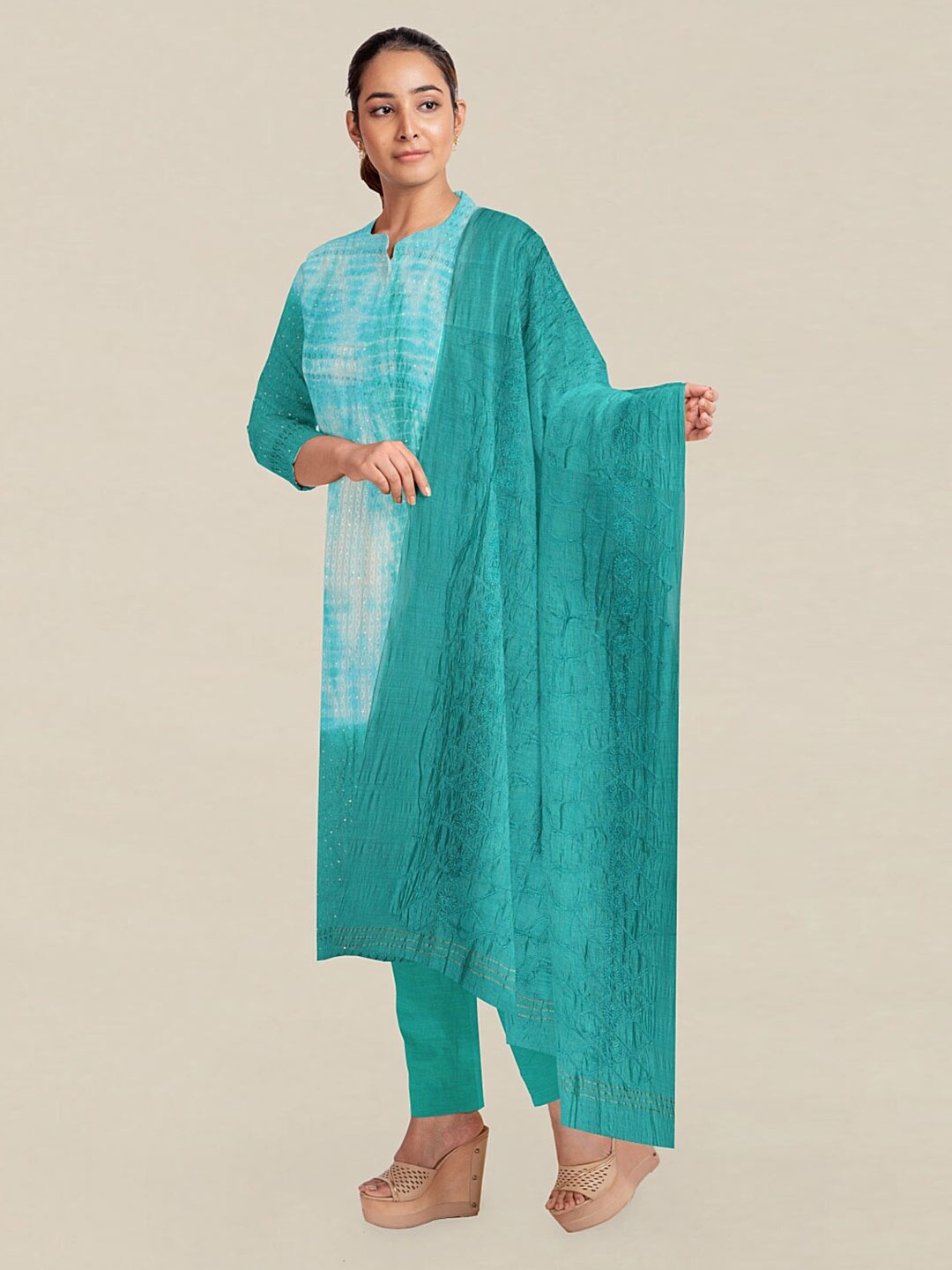 

Pothys Blue & White Embellished Unstitched Dress Material