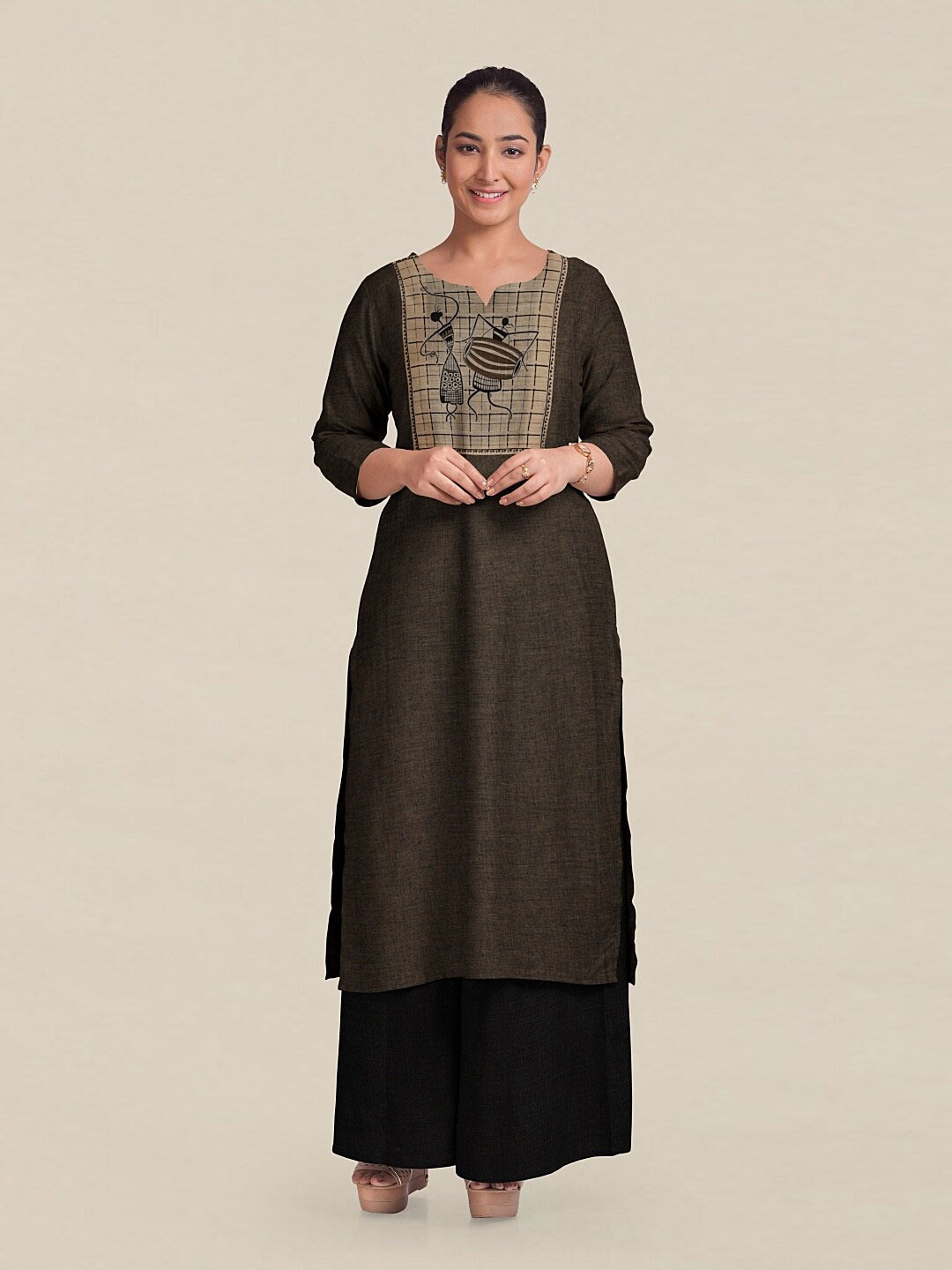 

Pothys Brown & Black Printed Unstitched Dress Material