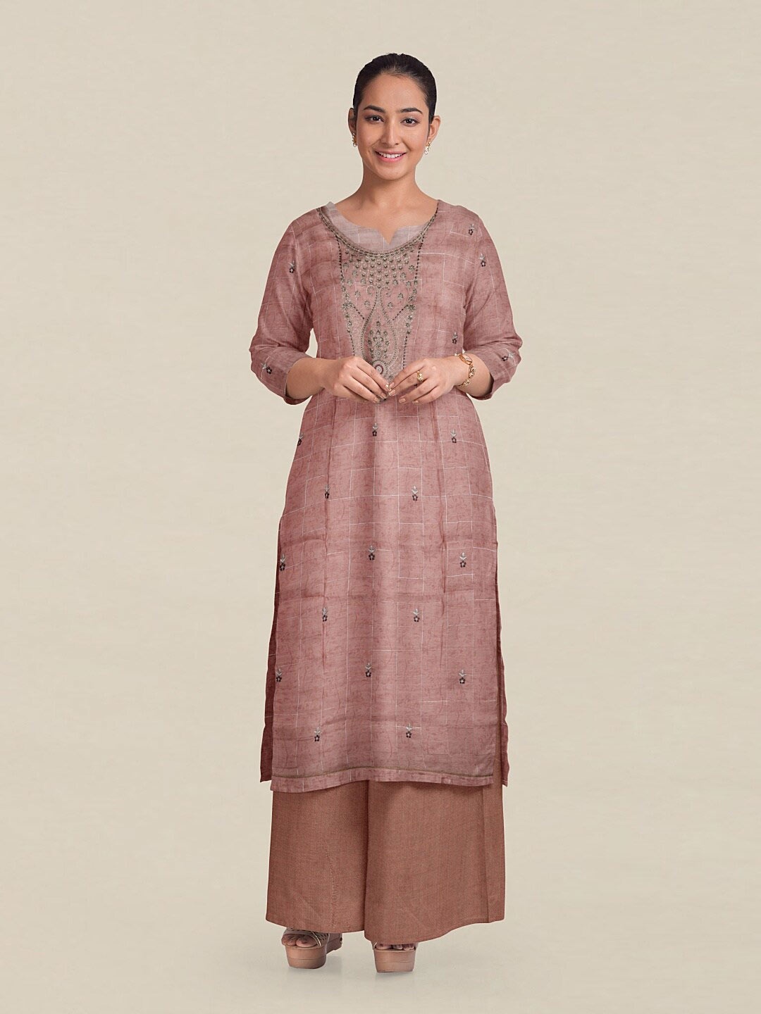 

Pothys Nude-Coloured & Pink Embroidered Unstitched Dress Material