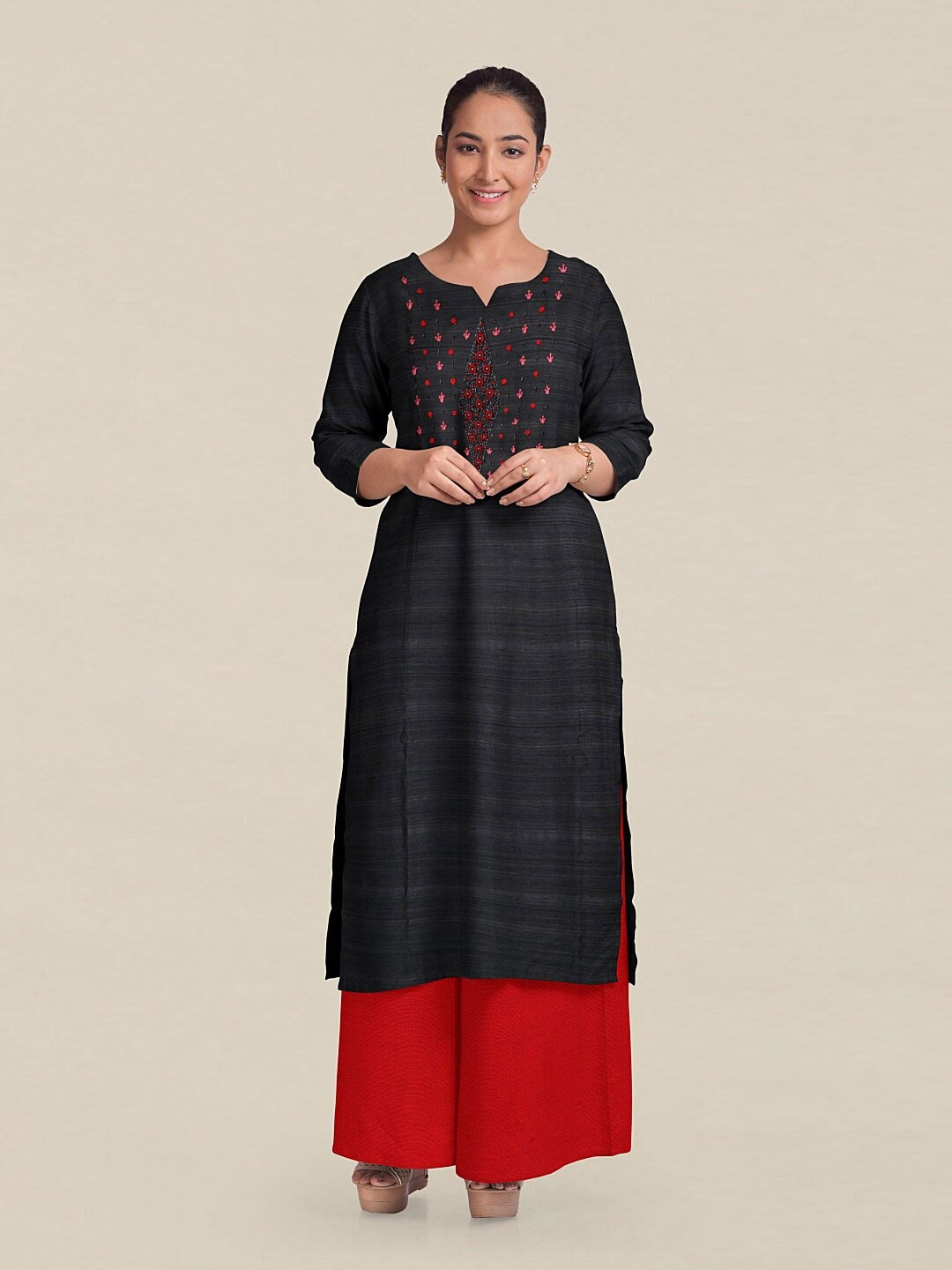 

Pothys Grey & Red Embellished Unstitched Dress Material