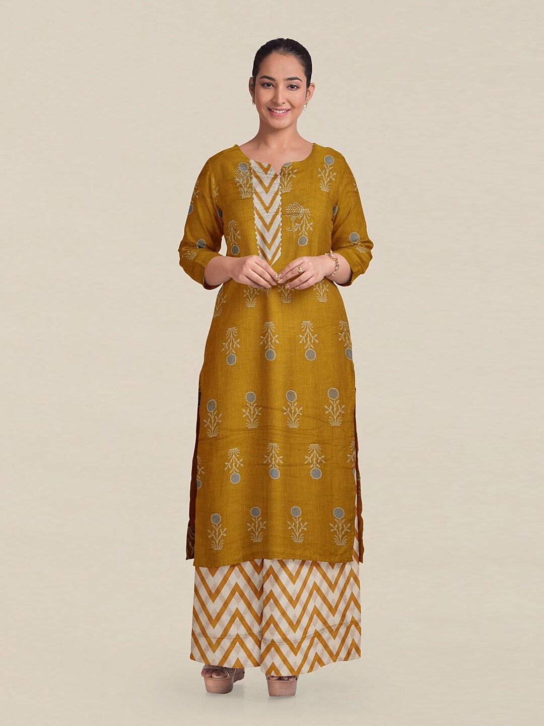 

Pothys Mustard & White Printed Unstitched Dress Material