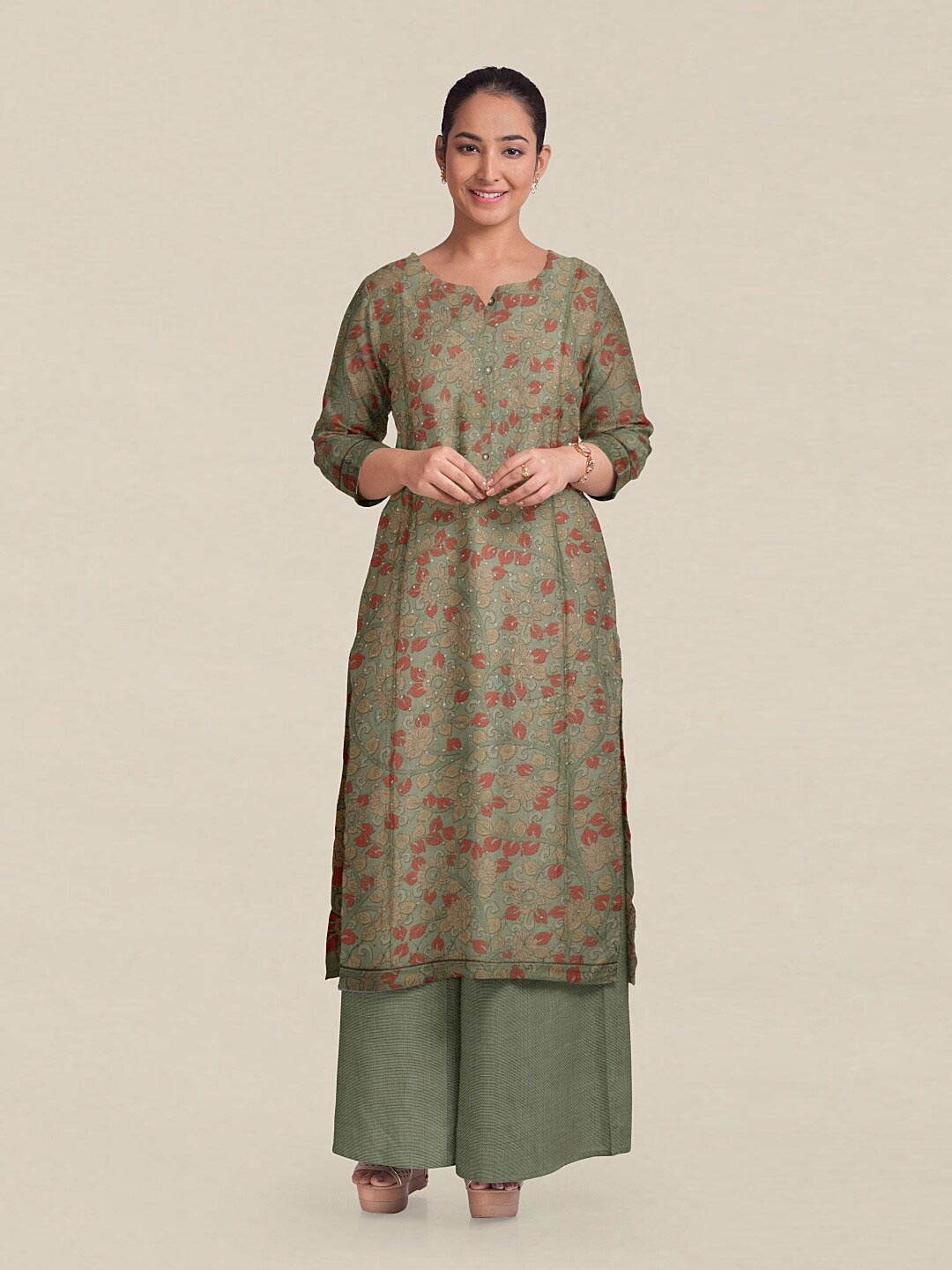 

Pothys Green & Red Embellished Unstitched Dress Material