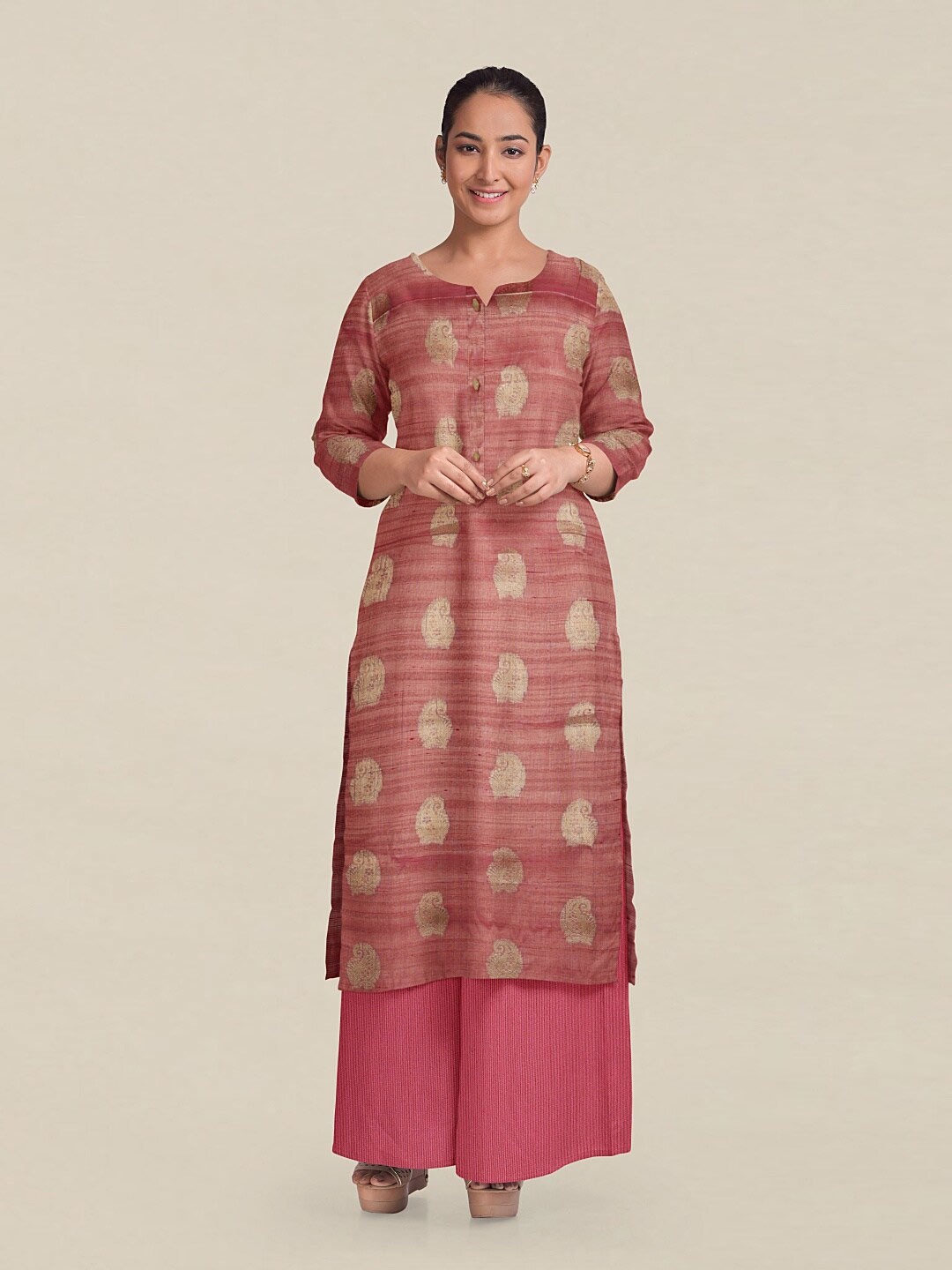 

Pothys Pink & Gold-Toned Art Silk Unstitched Dress Material