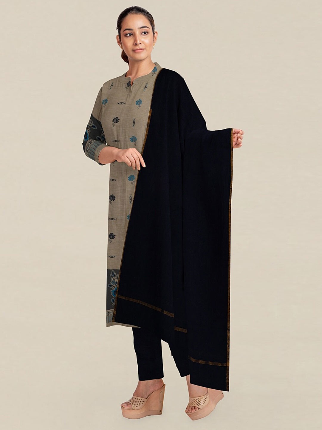 

Pothys Cream-Coloured & Navy Blue Printed Unstitched Dress Material