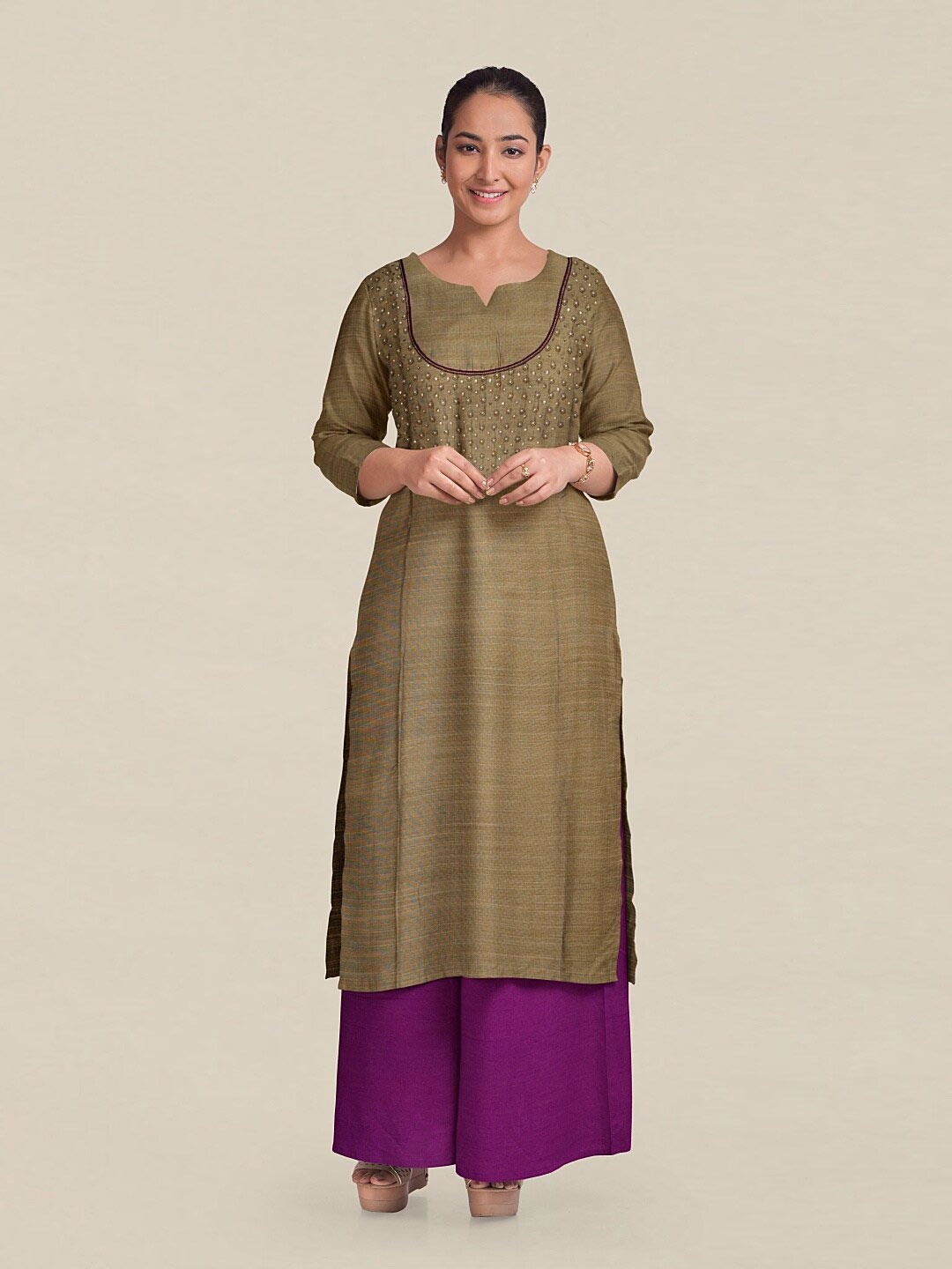 

Pothys Khaki & Purple Embellished Unstitched Dress Material