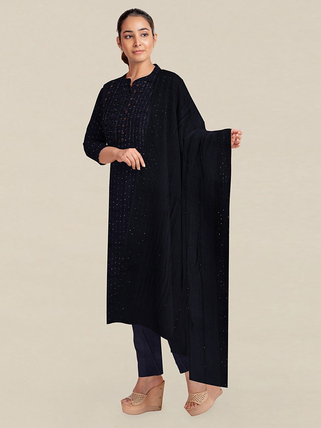 

Pothys Navy Blue & Silver-Toned Embellished Unstitched Dress Material