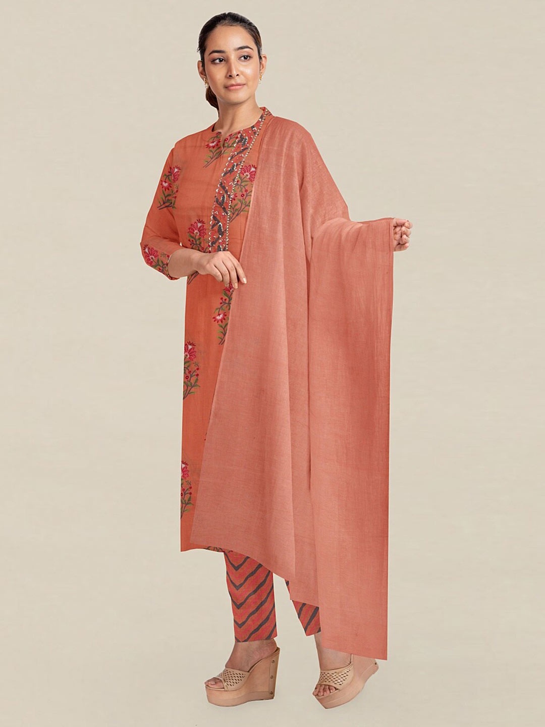 

Pothys Peach-Coloured & Green Printed Unstitched Dress Material