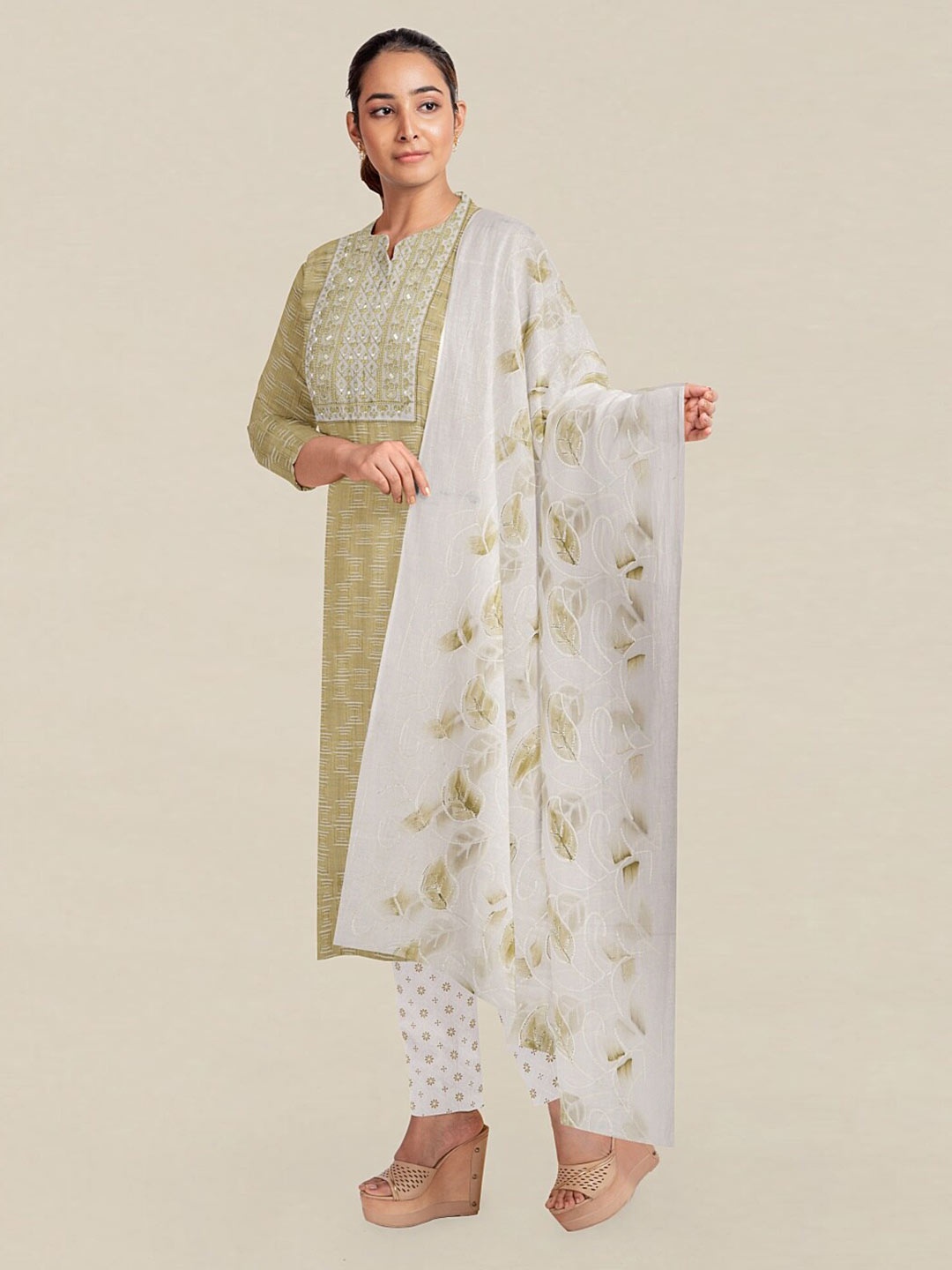

Pothys Green & White Printed Unstitched Dress Material