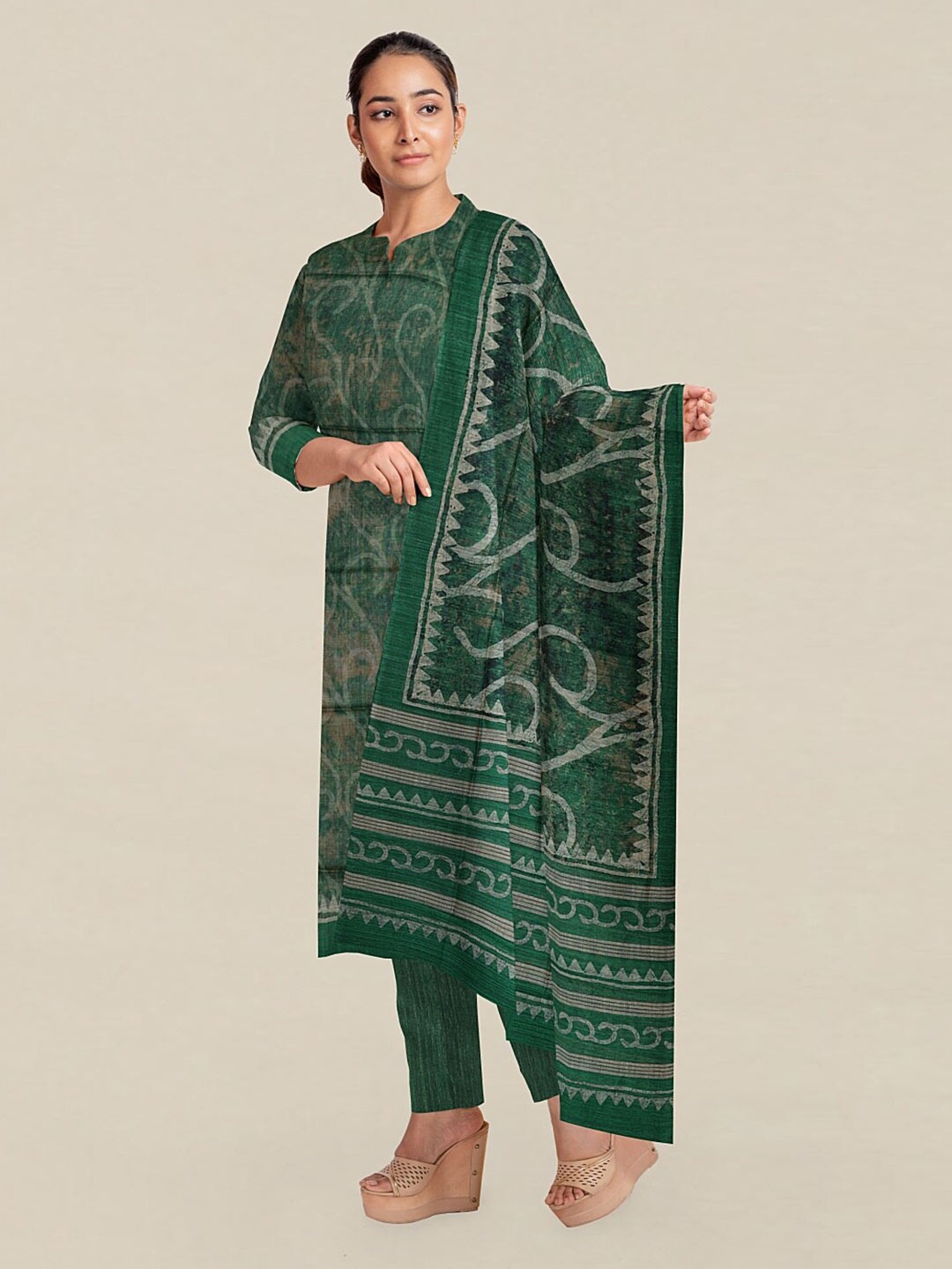 

Pothys Green & Grey Printed Unstitched Dress Material