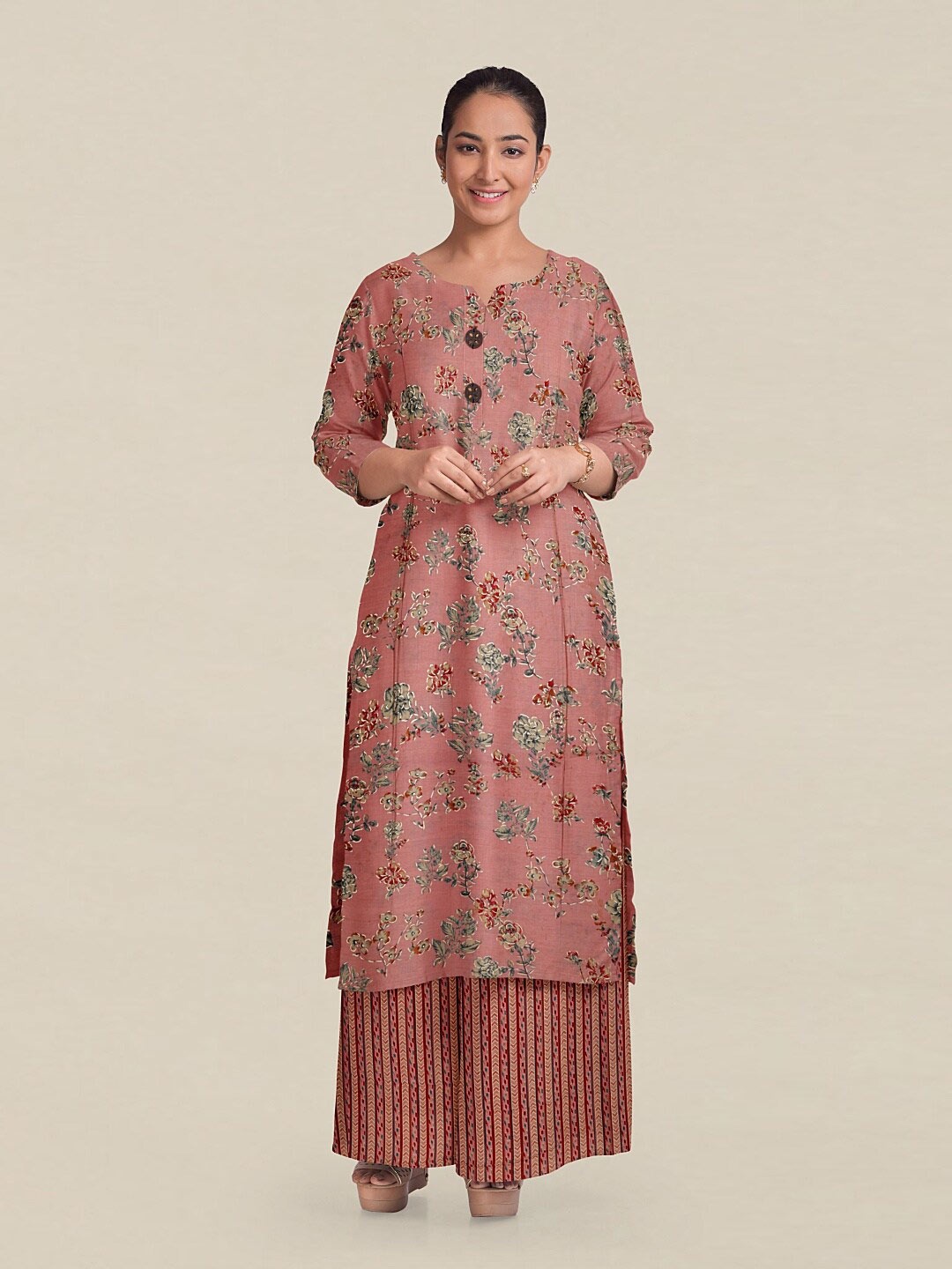 

Pothys Pink & Green Printed Unstitched Dress Material