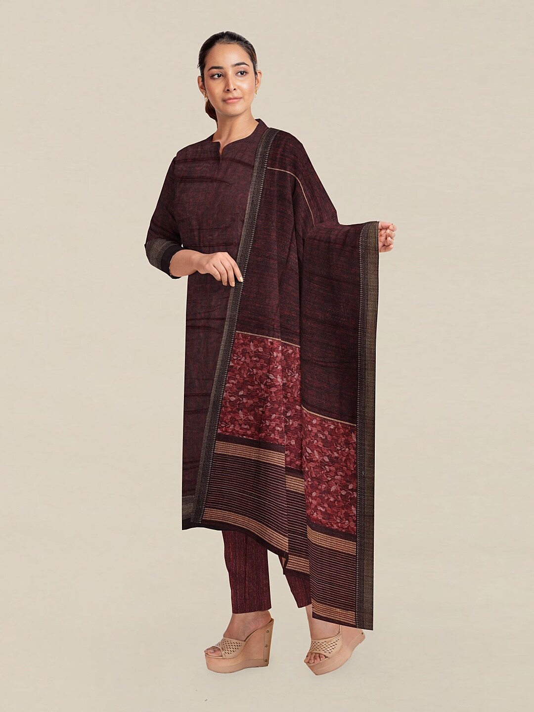 

Pothys Maroon & Black Printed Unstitched Dress Material