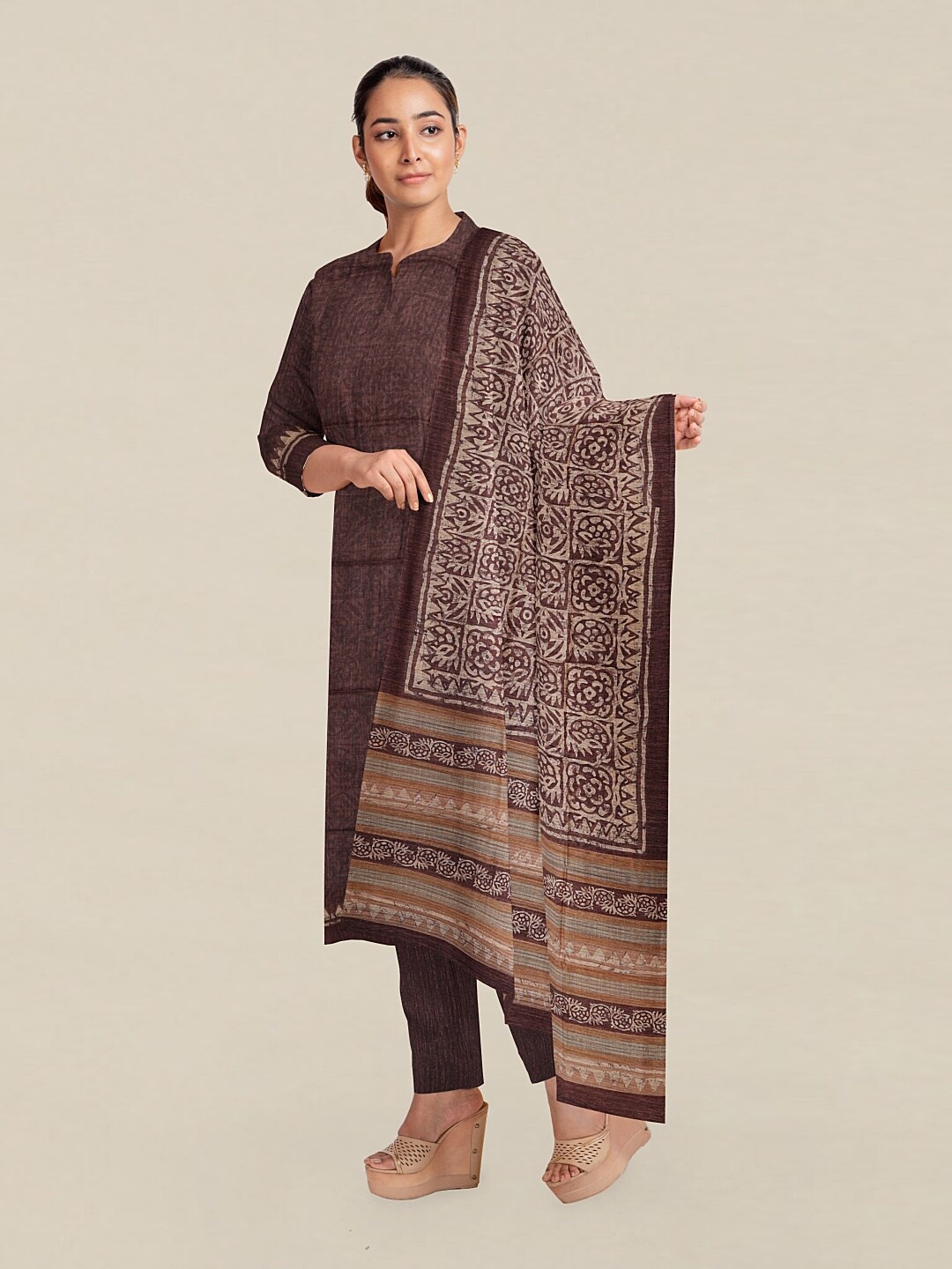 

Pothys Brown & Cream-Coloured Printed Unstitched Dress Material
