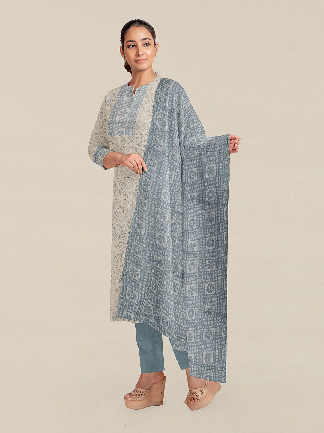 

Pothys Cream-Coloured & Blue Printed Unstitched Dress Material