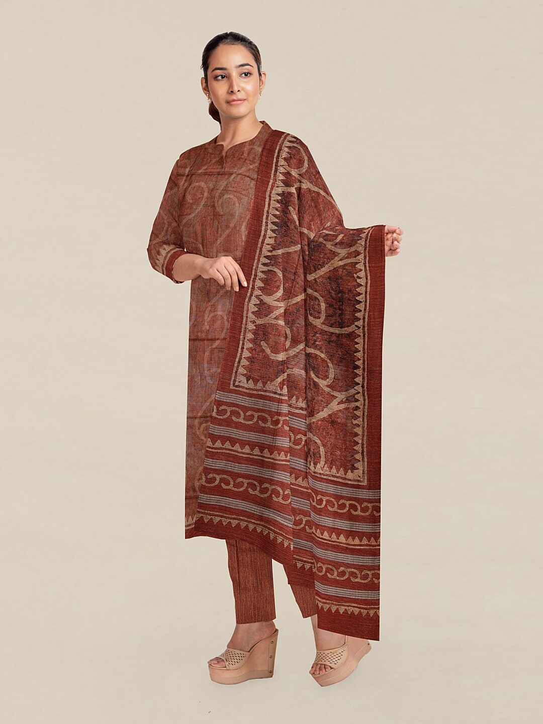 

Pothys Brown & Beige Printed Unstitched Dress Material