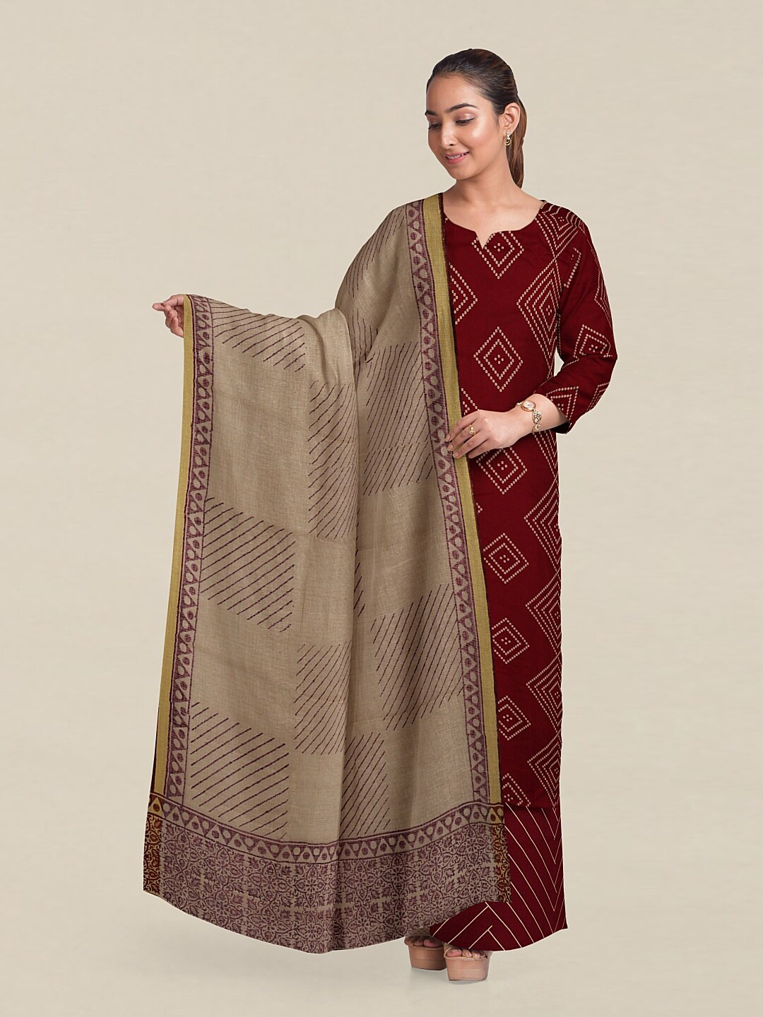 

Pothys Maroon & Brown Printed Unstitched Dress Material