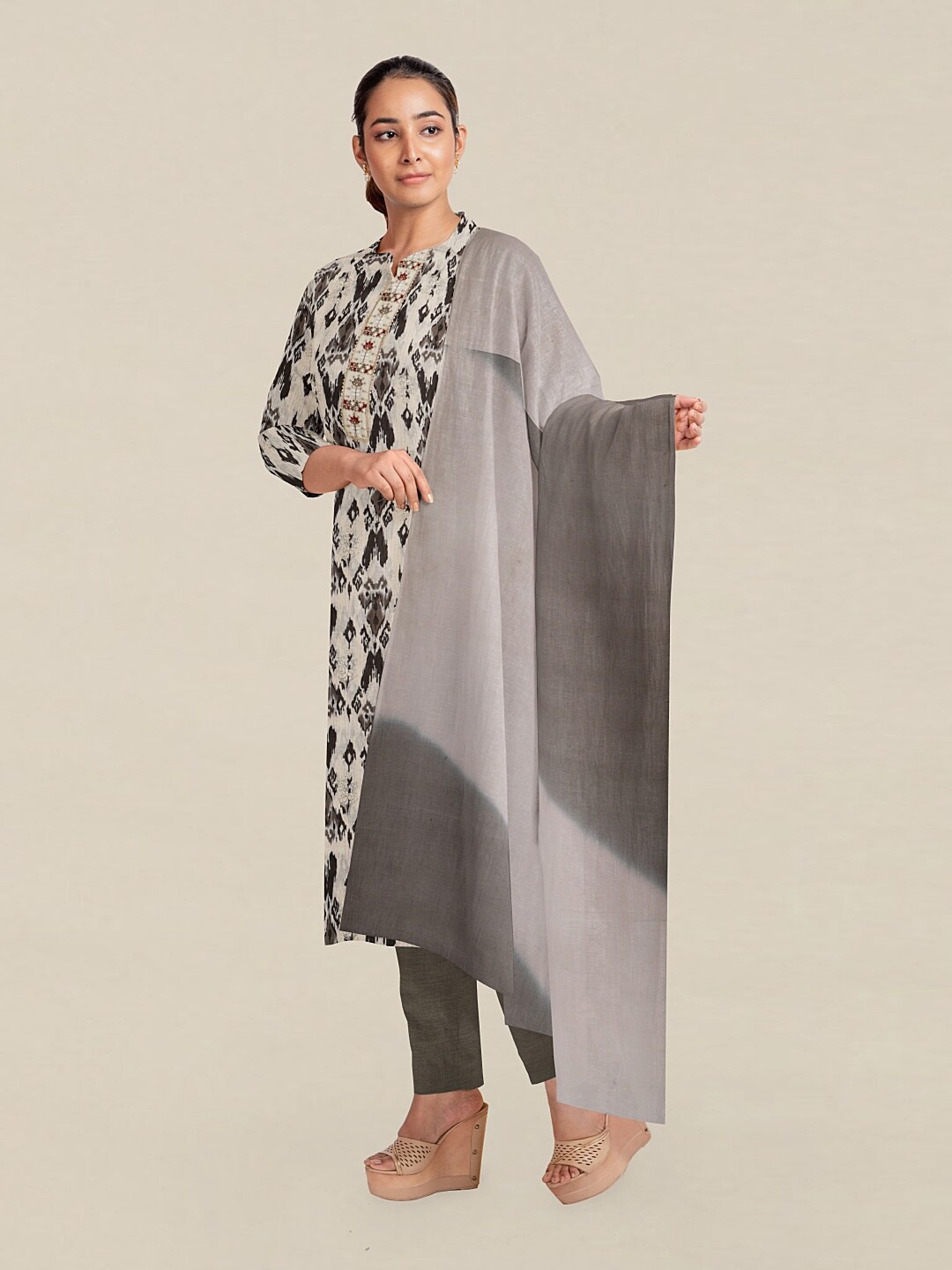

Pothys Cream-Coloured & Grey Unstitched Dress Material