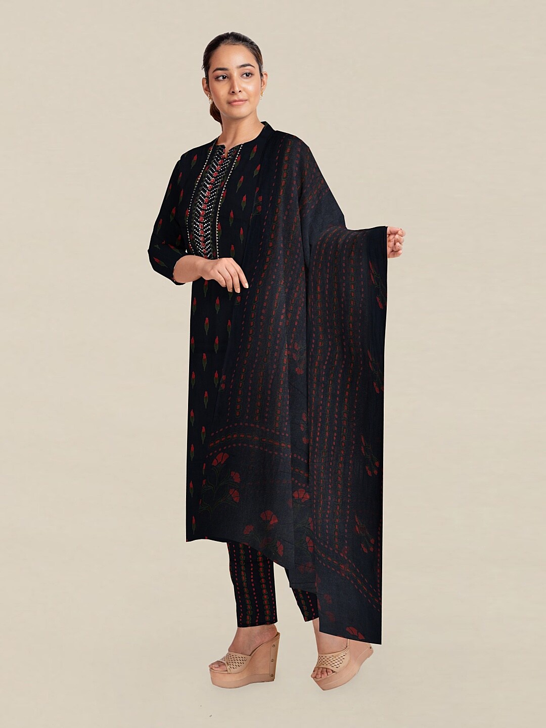

Pothys Navy Blue & Red Printed Unstitched Dress Material