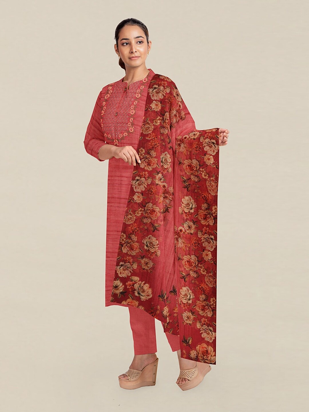 

Pothys Pink & Red Embroidered Unstitched Dress Material