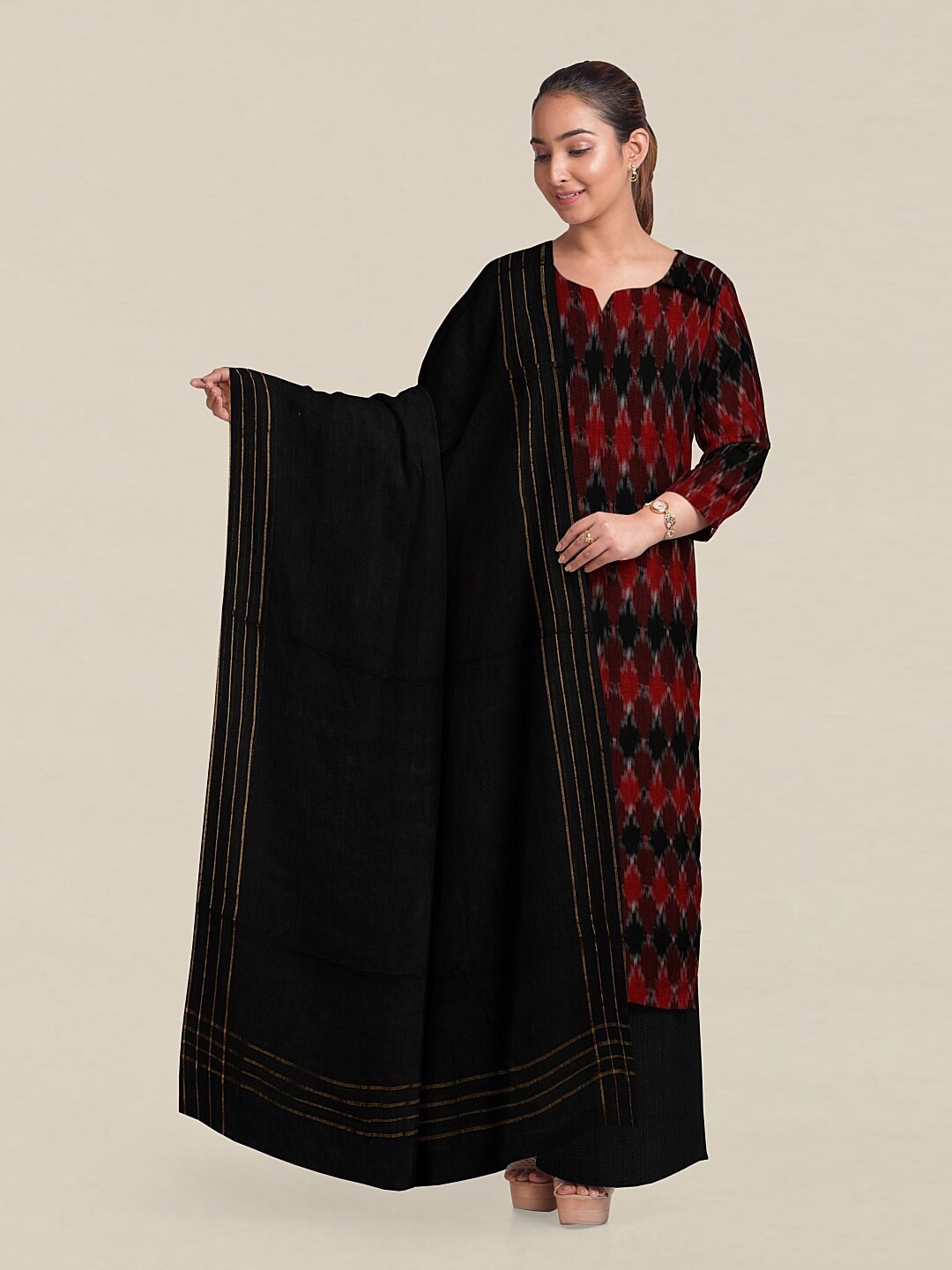 

Pothys Black & Red Printed Unstitched Dress Material