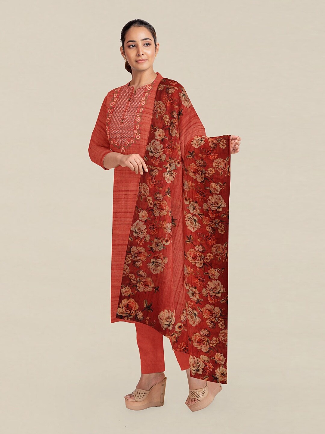 

Pothys Rust & Green Embroidered Unstitched Dress Material