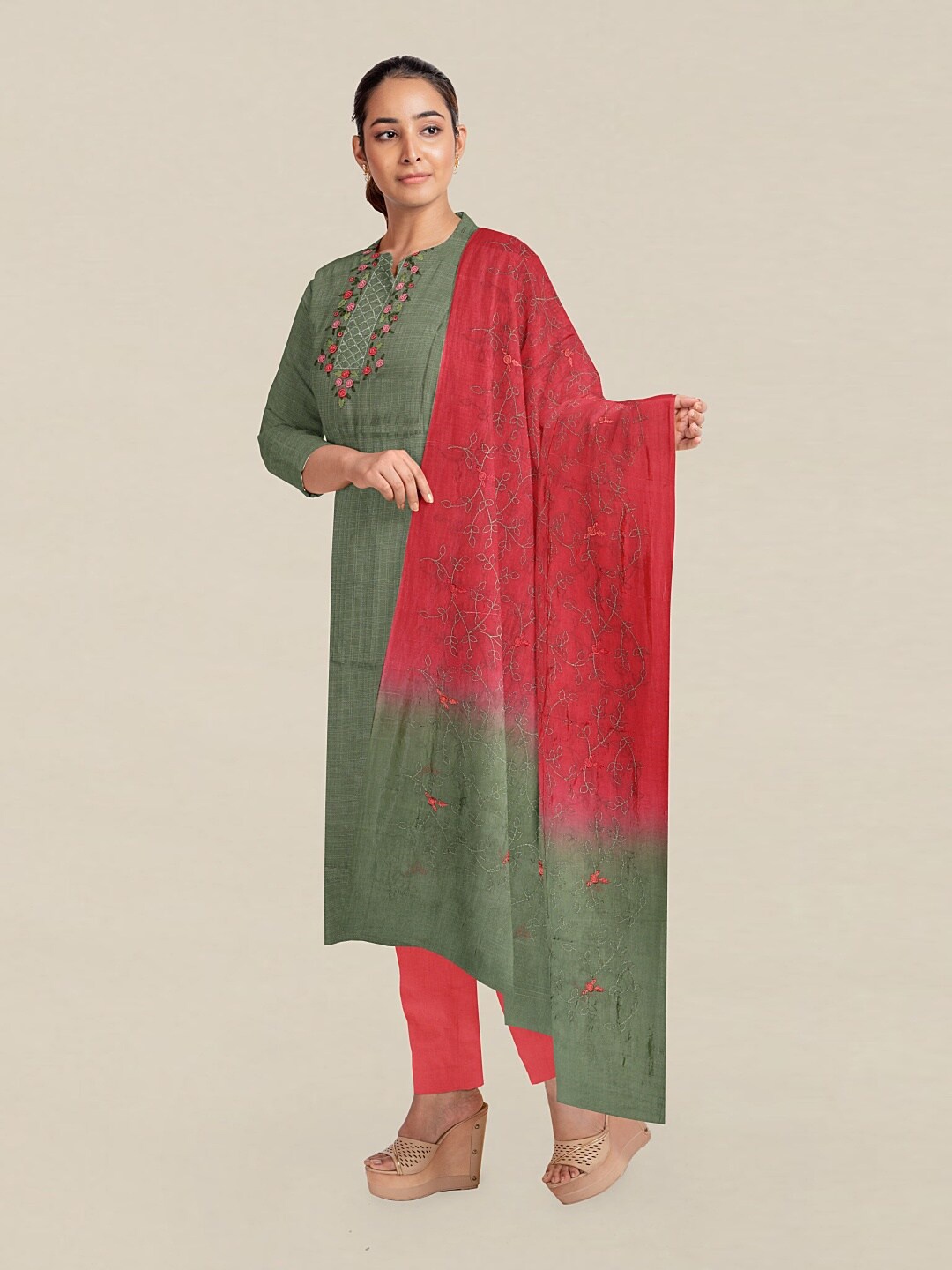 

Pothys Green & Red Embroidered Unstitched Dress Material