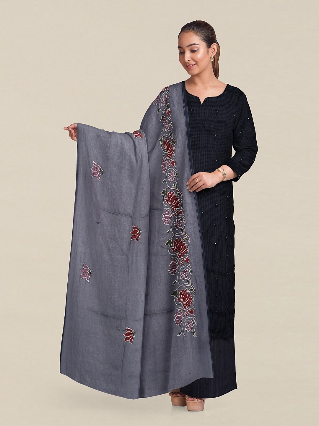 

Pothys Navy Blue & Red Printed Unstitched Dress Material