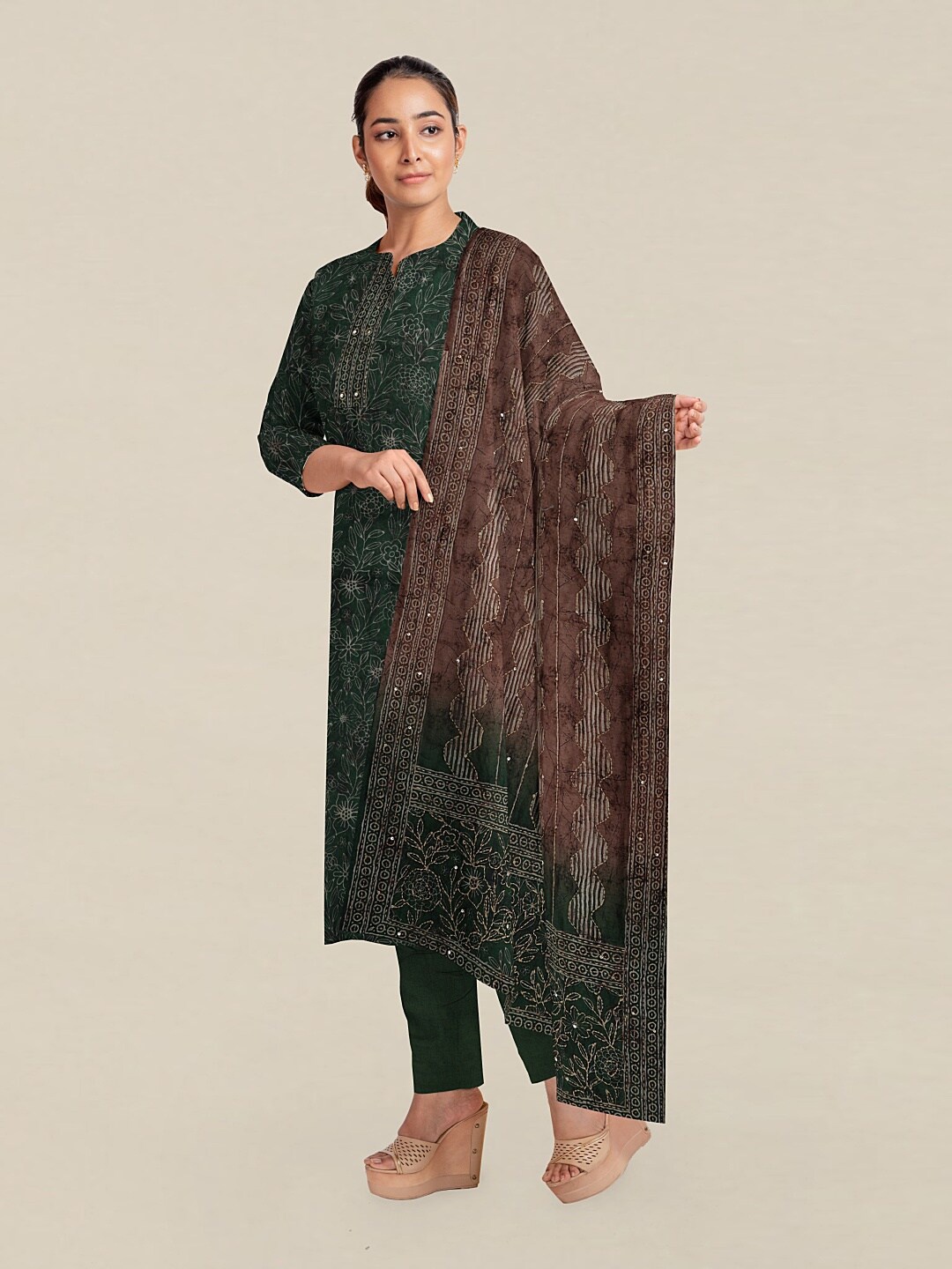 

Pothys Green & Brown Printed Unstitched Dress Material