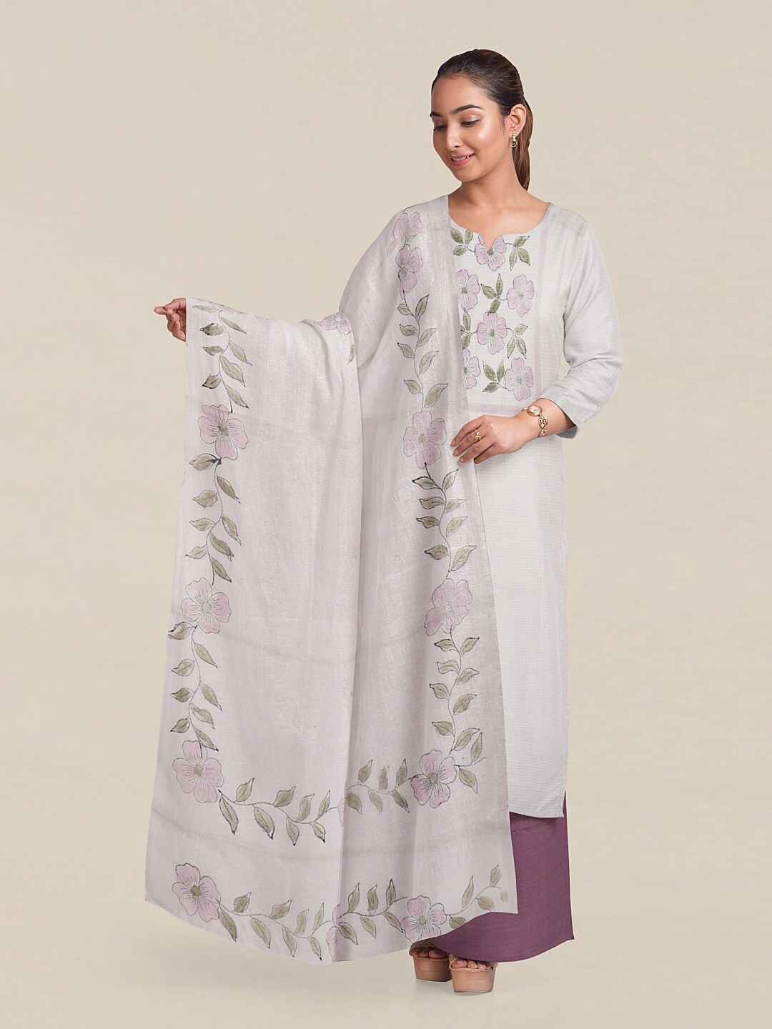 

Pothys White & Green Printed Unstitched Dress Material