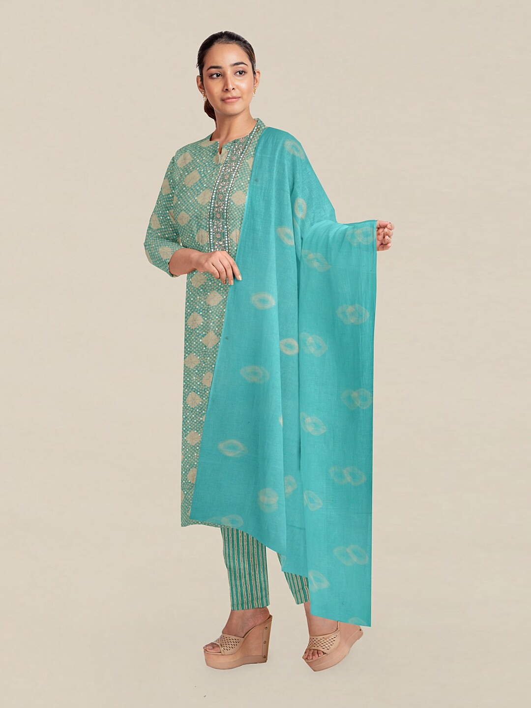 

Pothys Blue & Beige Printed Unstitched Dress Material