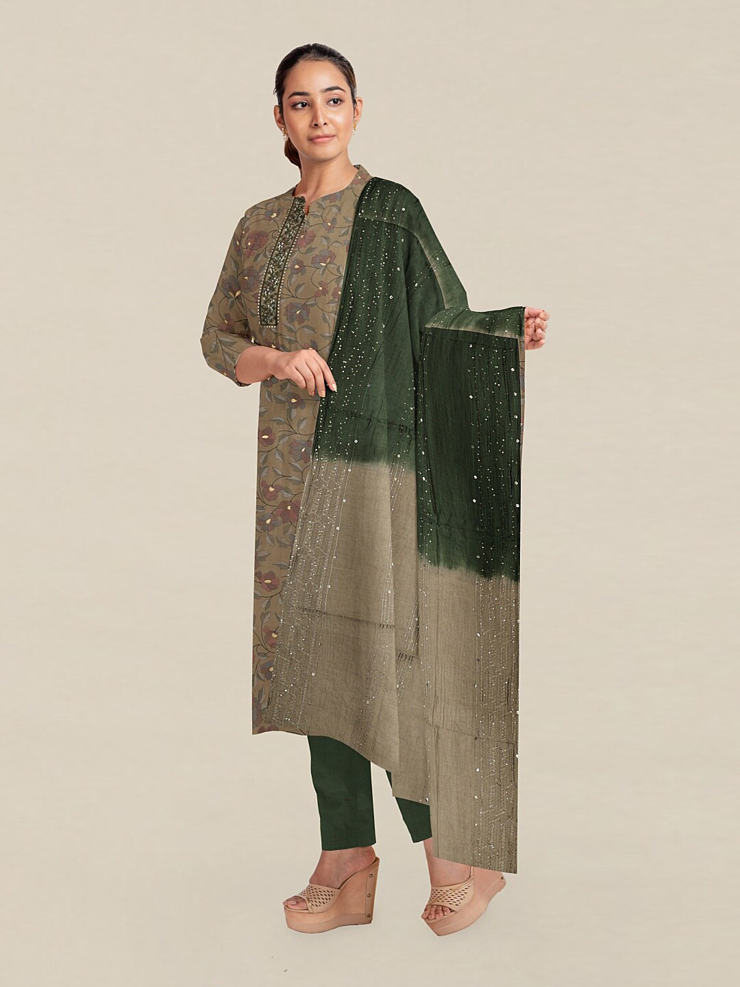 

Pothys Cream-Coloured & Green Printed Unstitched Dress Material