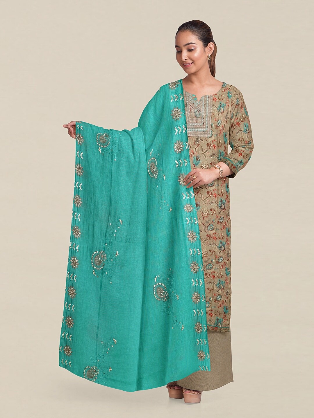 

Pothys Cream-Coloured & Blue Printed Unstitched Dress Material