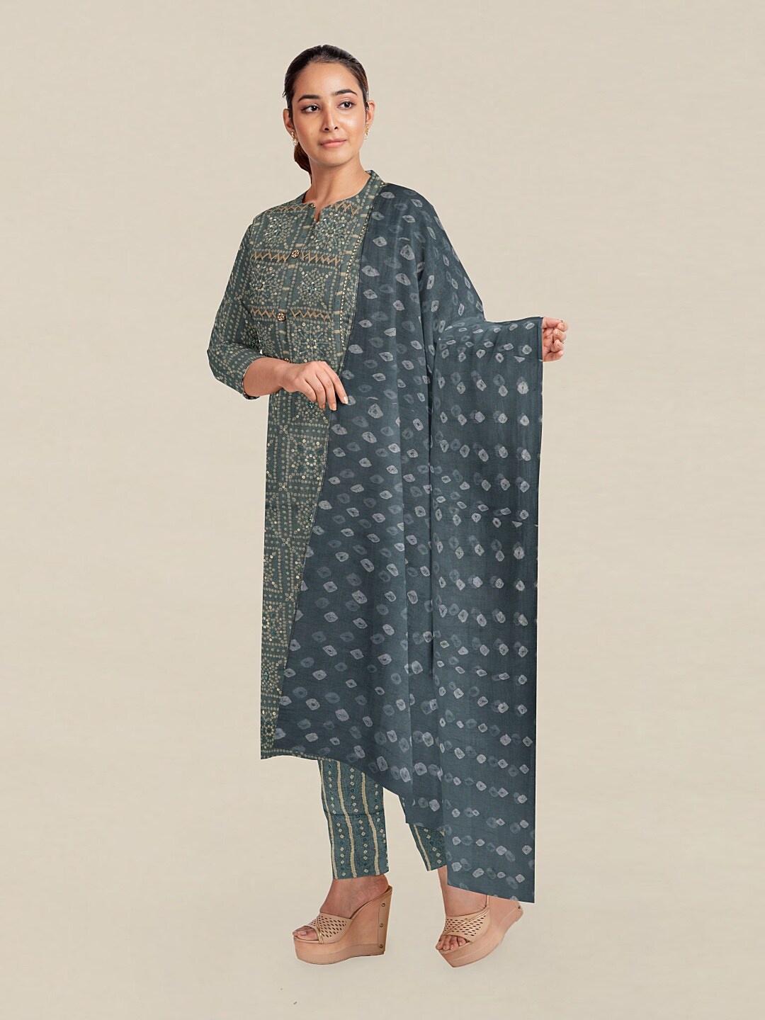 

Pothys Grey & White Printed Unstitched Dress Material