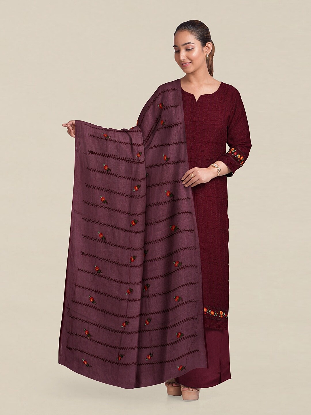 

Pothys Maroon & Green Printed Unstitched Dress Material