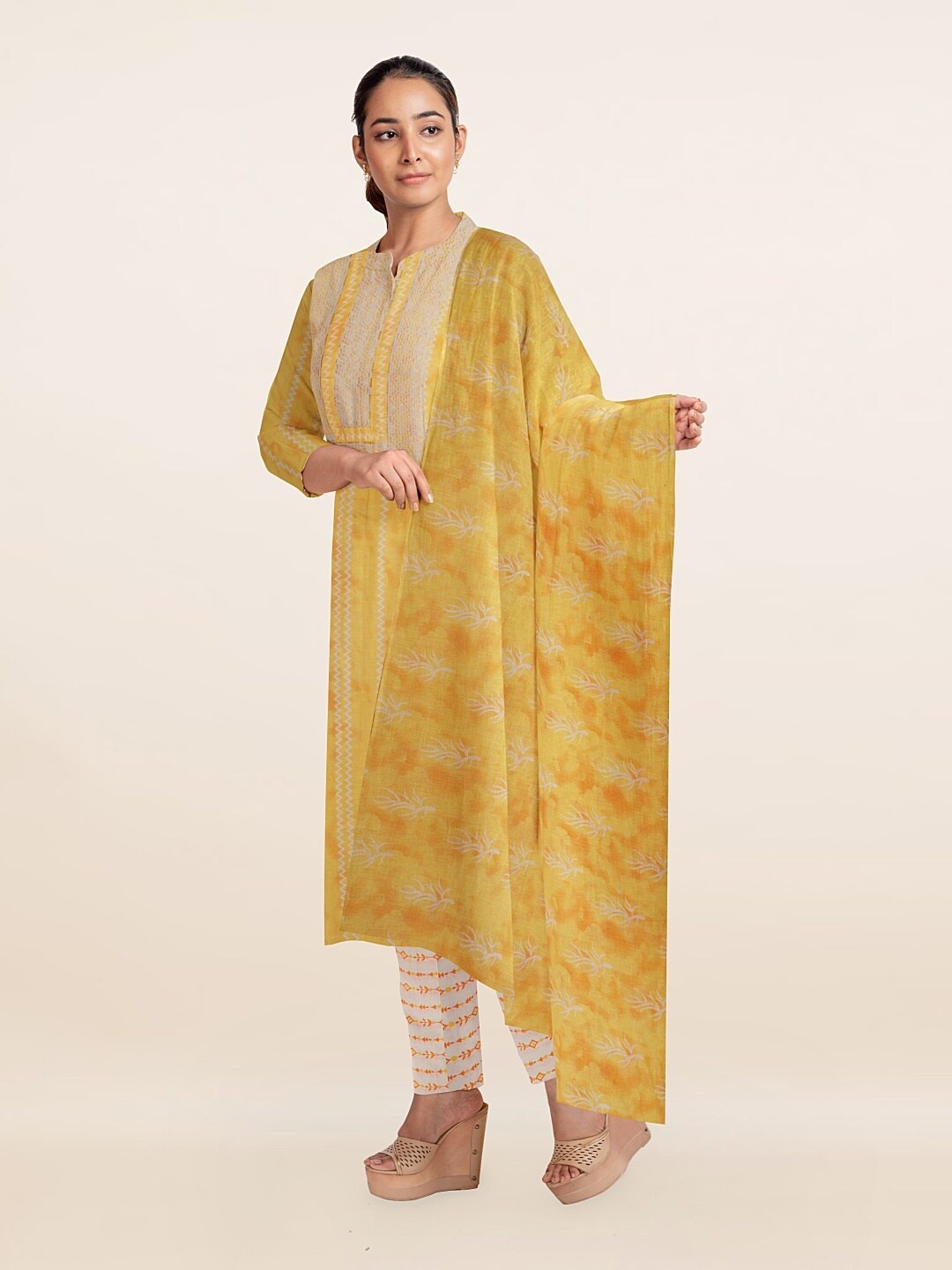 

Pothys Yellow & White Printed Unstitched Dress Material