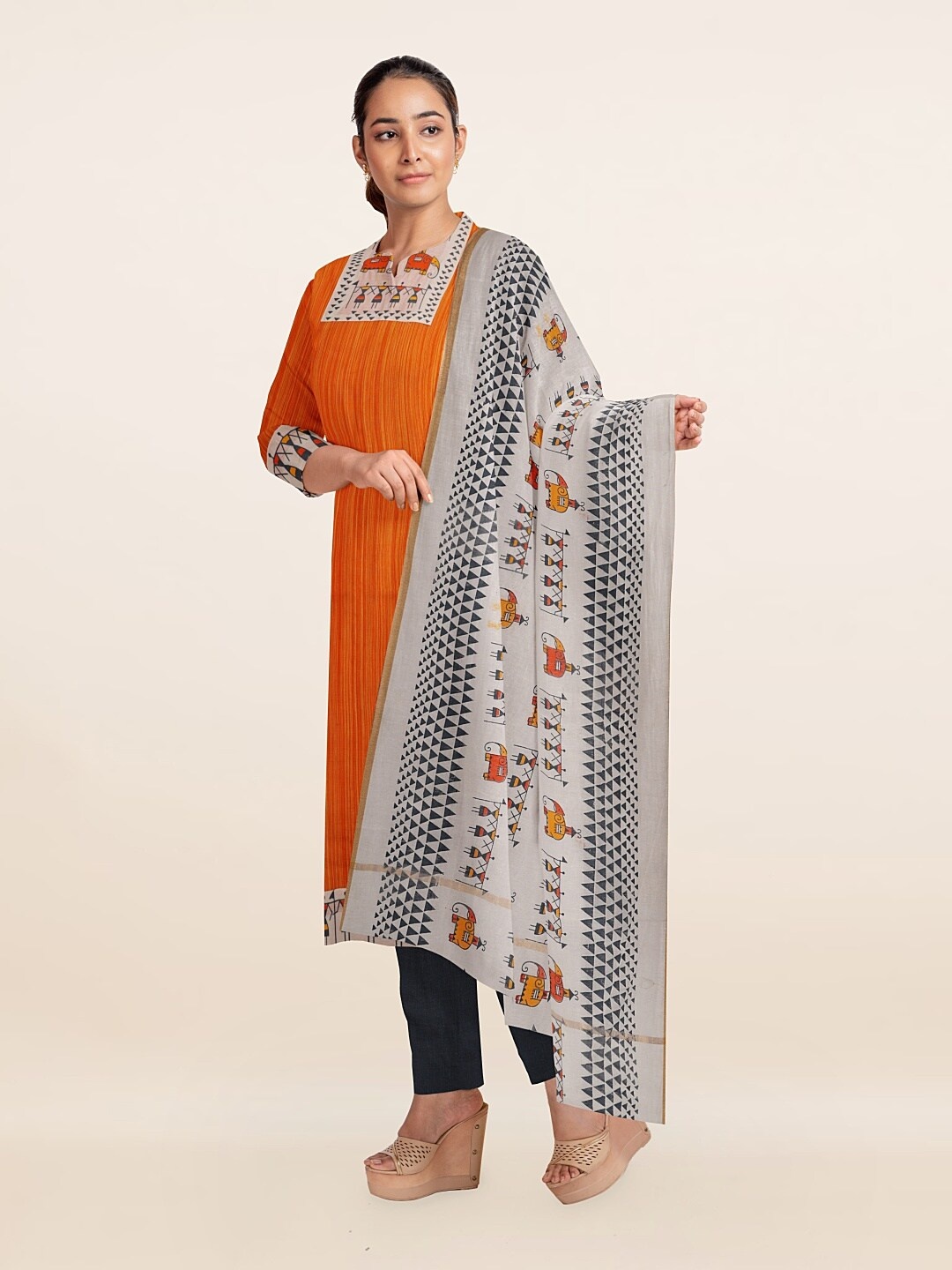 

Pothys Orange & Black Unstitched Dress Material