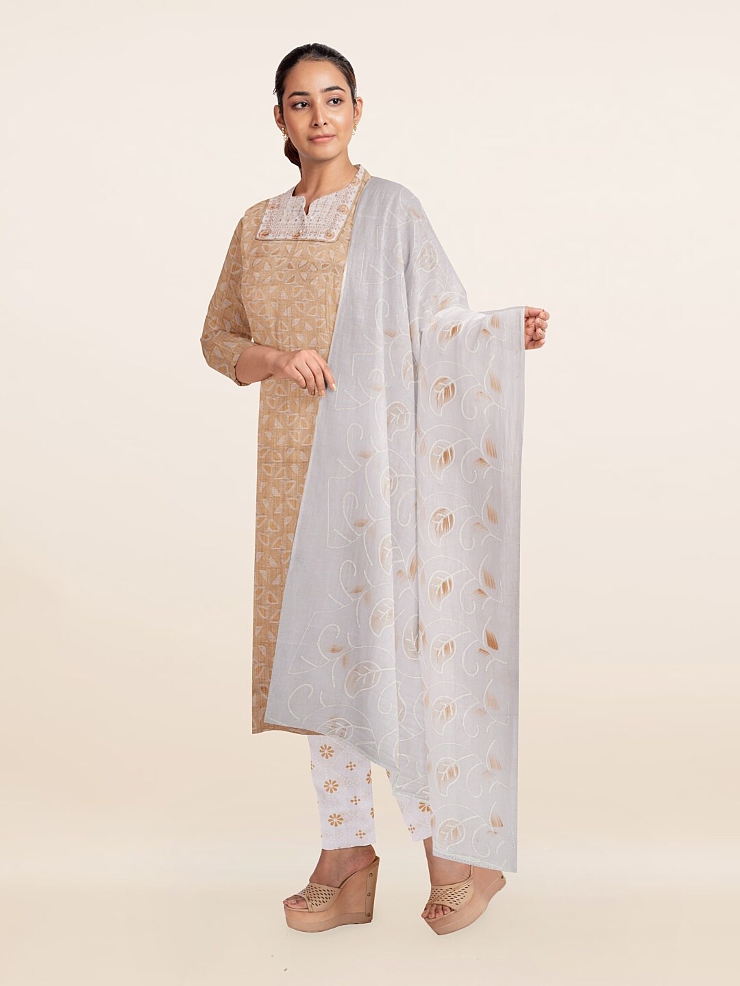 

Pothys Cream-Coloured & Grey Printed Unstitched Dress Material